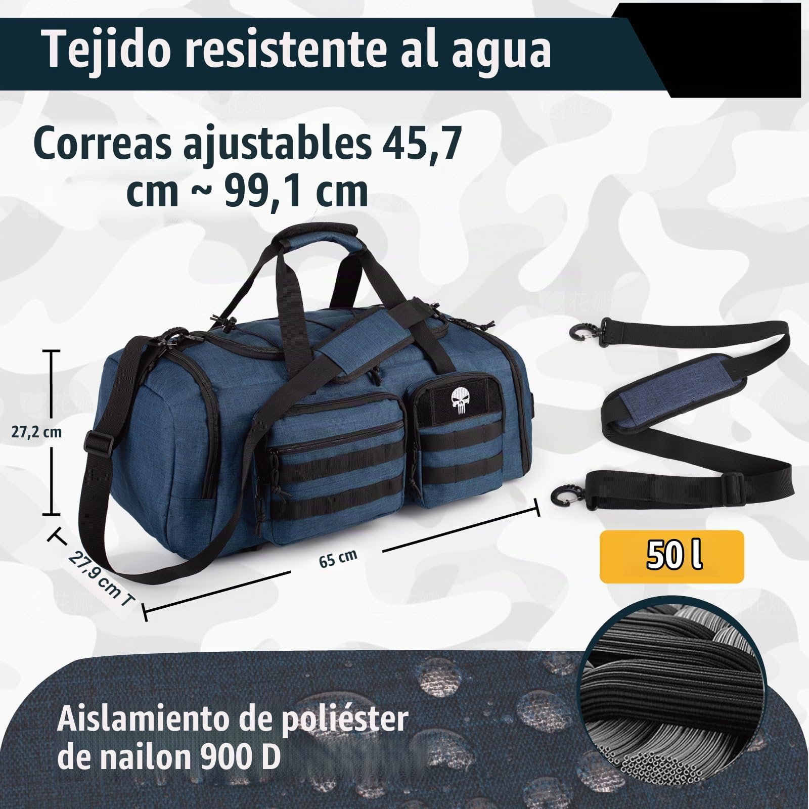 Bolsa Táctica Gimnasio Hombre, 3 en 1 Deportiva 50L para Viajes | Bolsa Deportiva Táctica 3en1, compartimento zapatos, tela impermeable, ideal para escapadas fin de semana, viajes y deportes