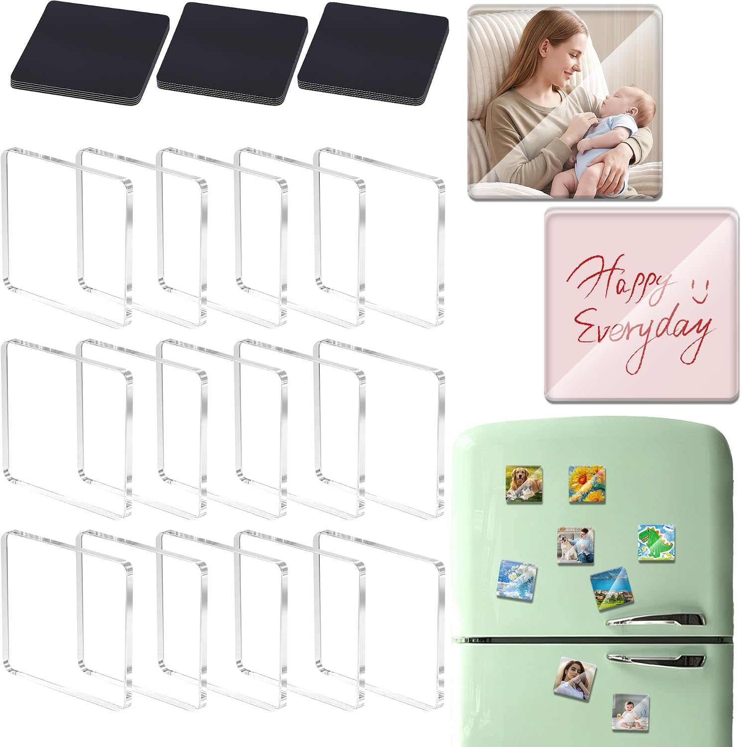 15 PCS DIY Fridge Magnet Kit | 2" Acrylic Square Clear Refrigerator Magnets