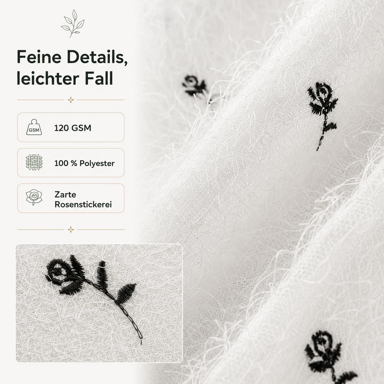 Voile Vorhänge mit Kräuselband Halbtransparent 2er Set, Rosenstickerei Weiß