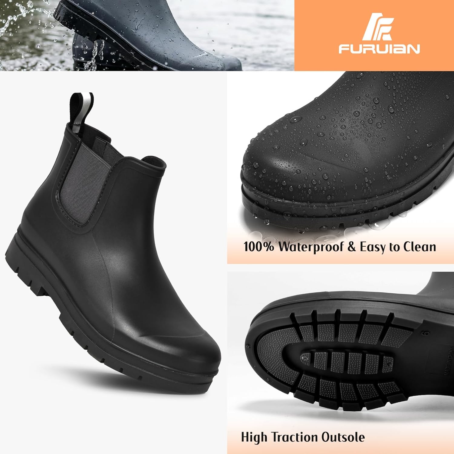 Furuian Women's Ankle Rain Boots Waterproof Chelsea Rain Boots Rubber Boots Women Short Garden Boots Anti Slip Outdoor Lightweight Work Booties - Image 3