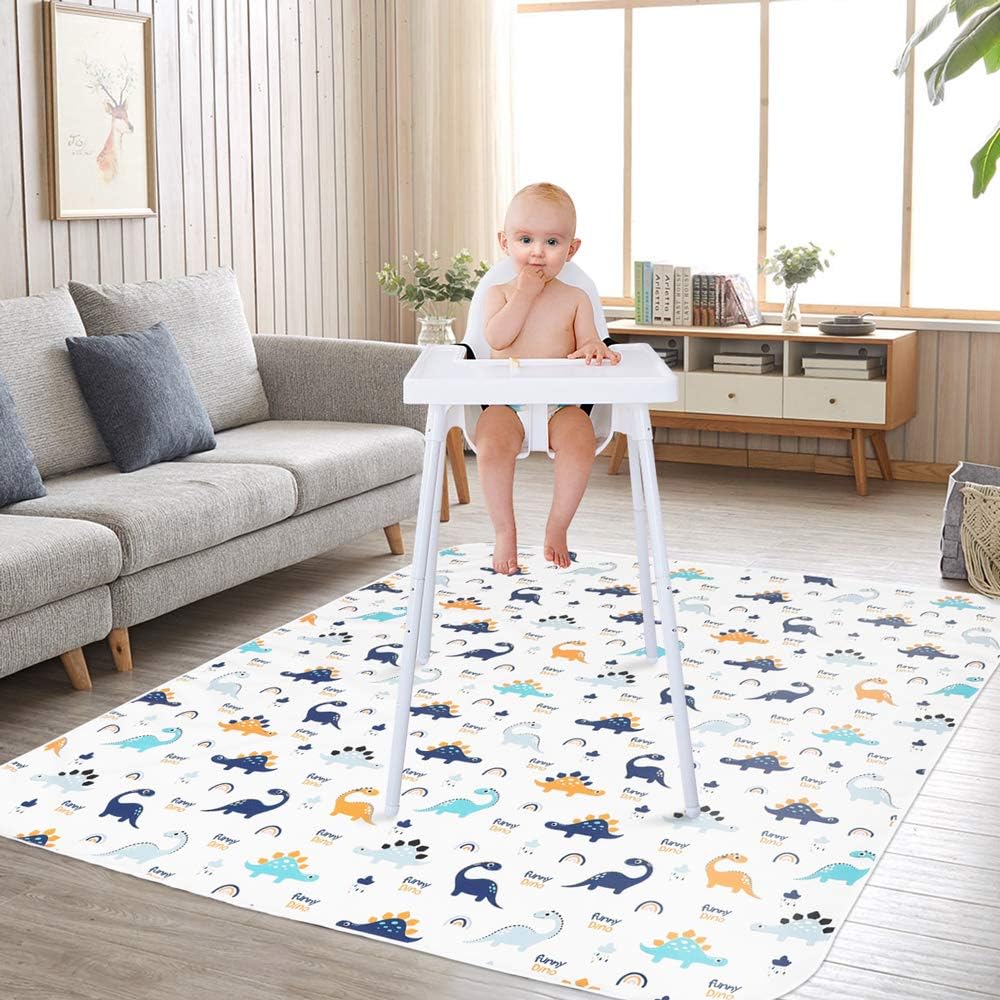 Splat Mat for Under High Chair BORPRES Floor Mat with Silicone Bottom ,Baby Mat for Art, Crafts,Playtime on Floor or Table, Lightweight and Soft ,Extra Large 57x57-inch,Dinosaur