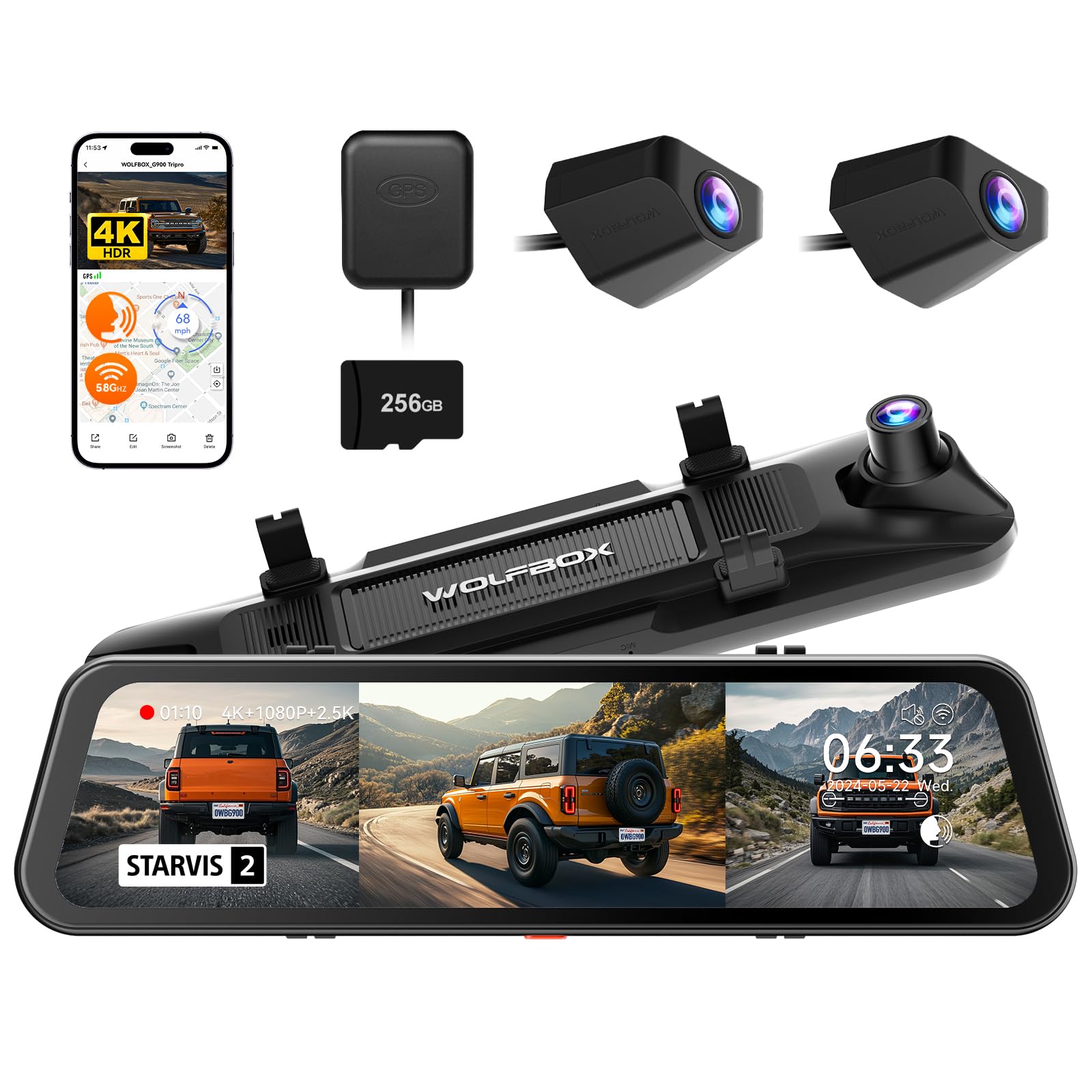 WOLFBOX G900 Tripro Bumper Version 3 Channel 4K Mirror Dash Cam, 8MP STARVIS 2 IMX678 Night Vision, 4K+2.5K+1080P Front and Rear Bumper Dash Cam, 5.8GHz WiFi, Voice Control, Includes 256GB Card & GPS