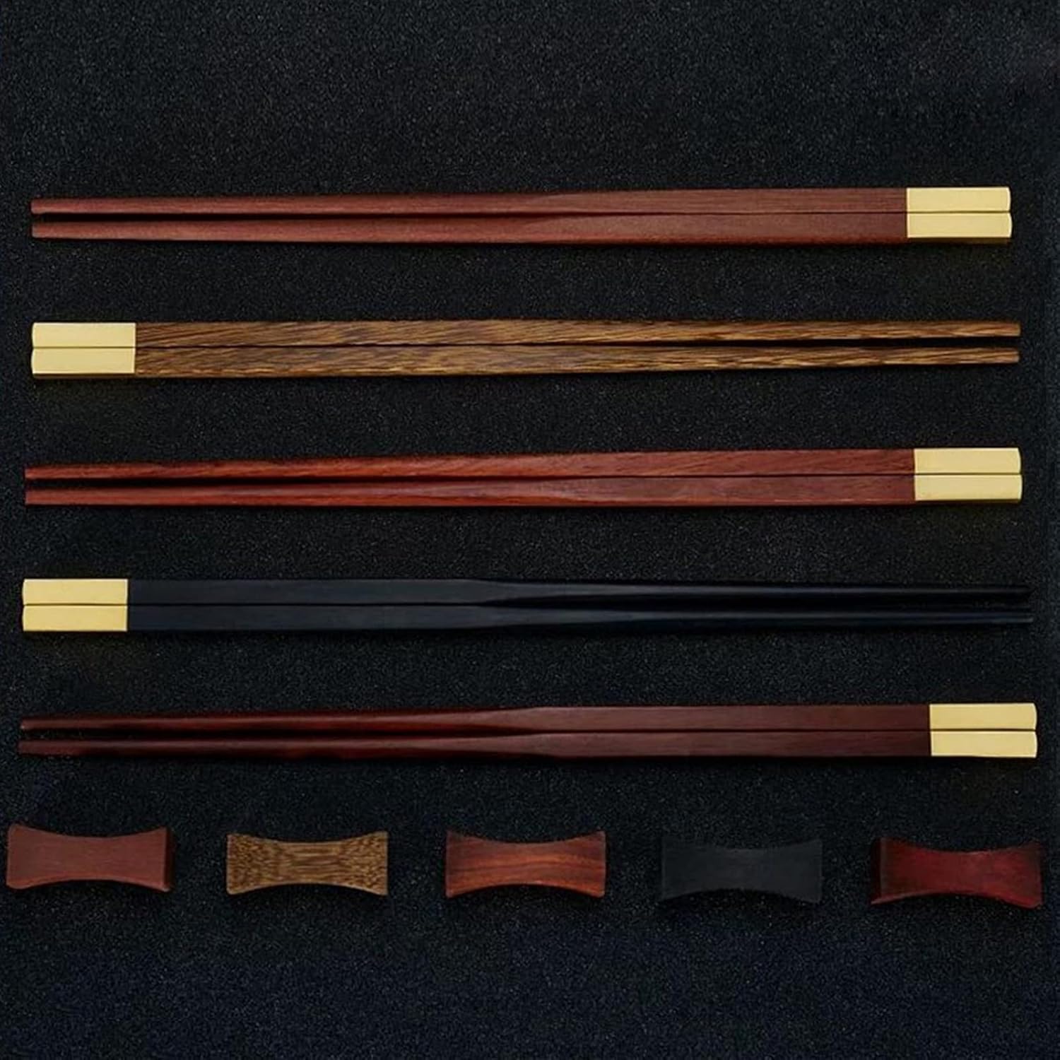 Coffret Cadeau De 5 Baguettes Et Repose-Baguettes, Baguettes en Bois Réutilisables Et Légères pour Ramen, Gold