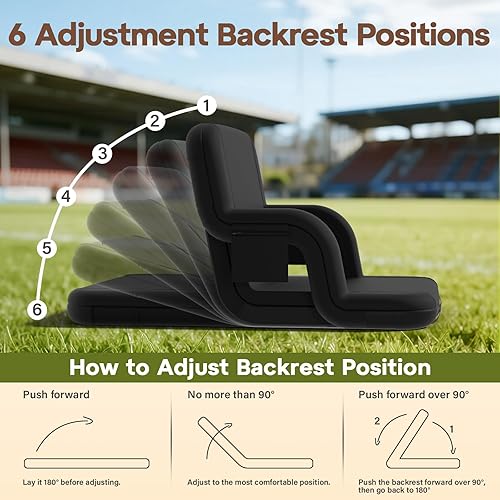 Miniatura 3 de DEKEMASTER Asientos de estadio con respaldo  Sillas de gradas portátiles con respaldo y cojín, 6 posiciones ajustables, asiento de gradas acolchado
