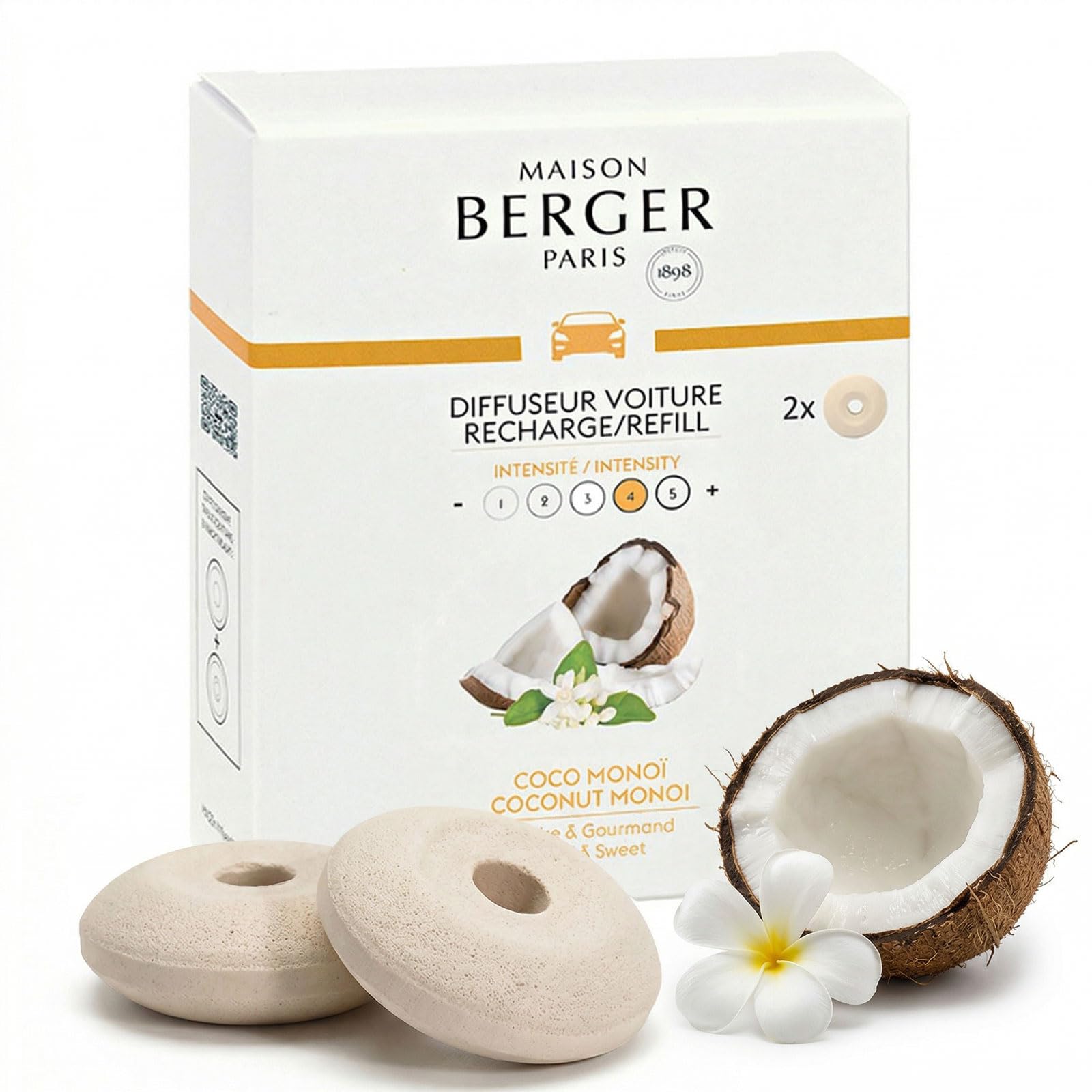 MAISON BERGER Car Diffuser Refill Coconut Monoï Pack of 2 Ceramics 2 scented