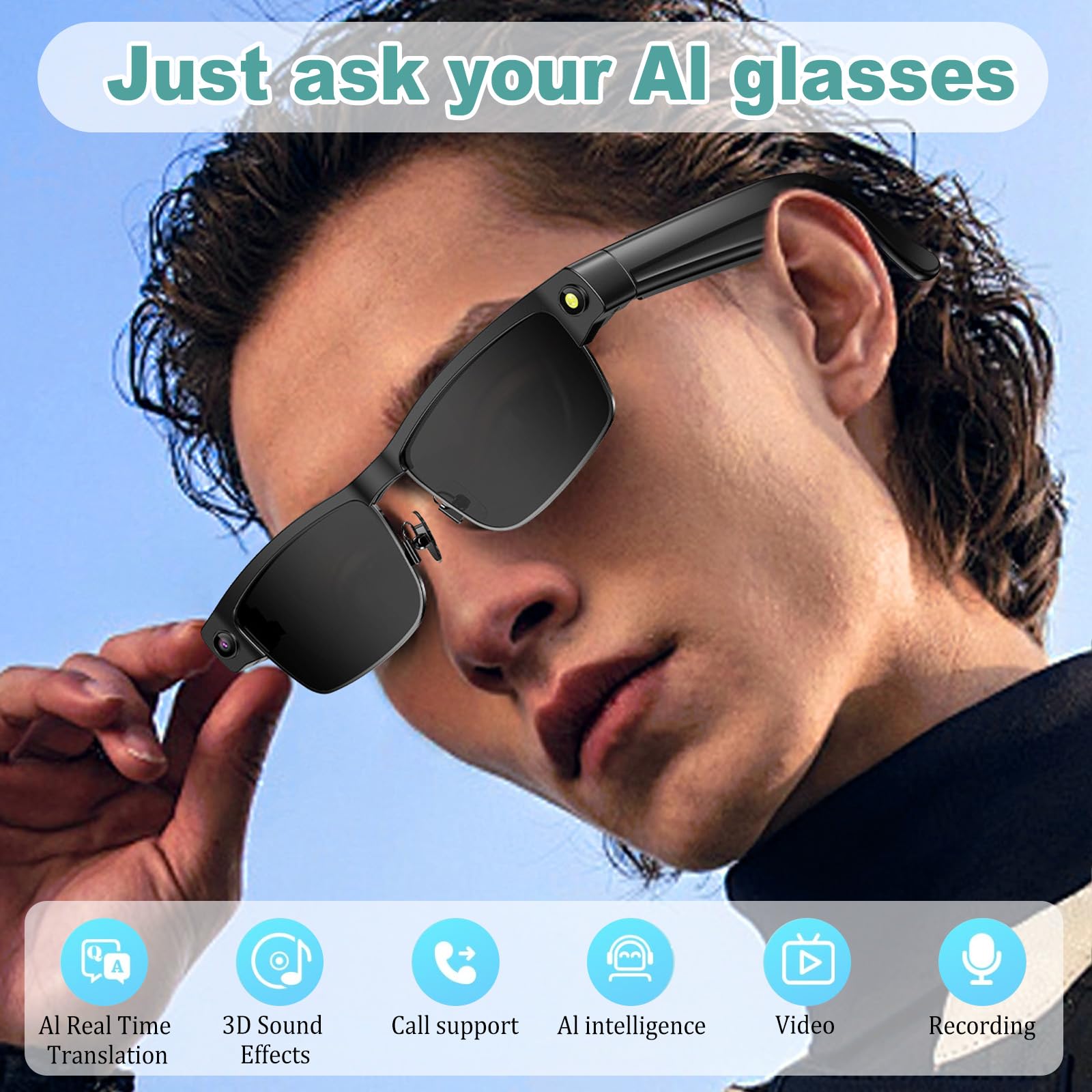 Lunettes AI Smart Camera, 4K 800 W Lunette Camera HD avec Assistant IA pour Traduction en Temps Réel, Traduction Simultanée Identification d'objet GPT lentilles photochromiques, Lunettes Connectées