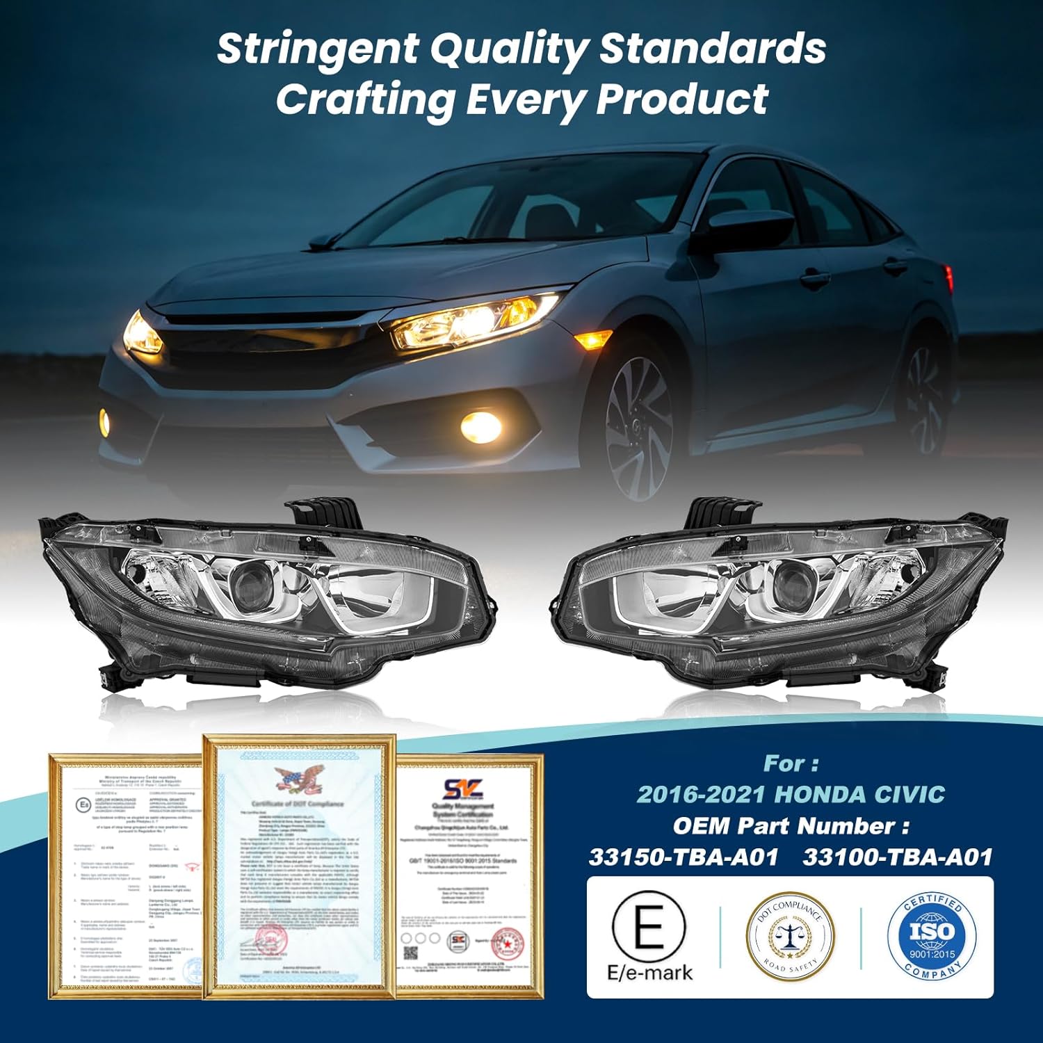 Halogen Projector Headlights Assembly Fits For Honda Civic 2016-2021 With LED DRL Without Light Bulb Clear Housing with Chrome Reflector Replaces#33150-TBA-A1 33100-TBA-A01(Pair Set)