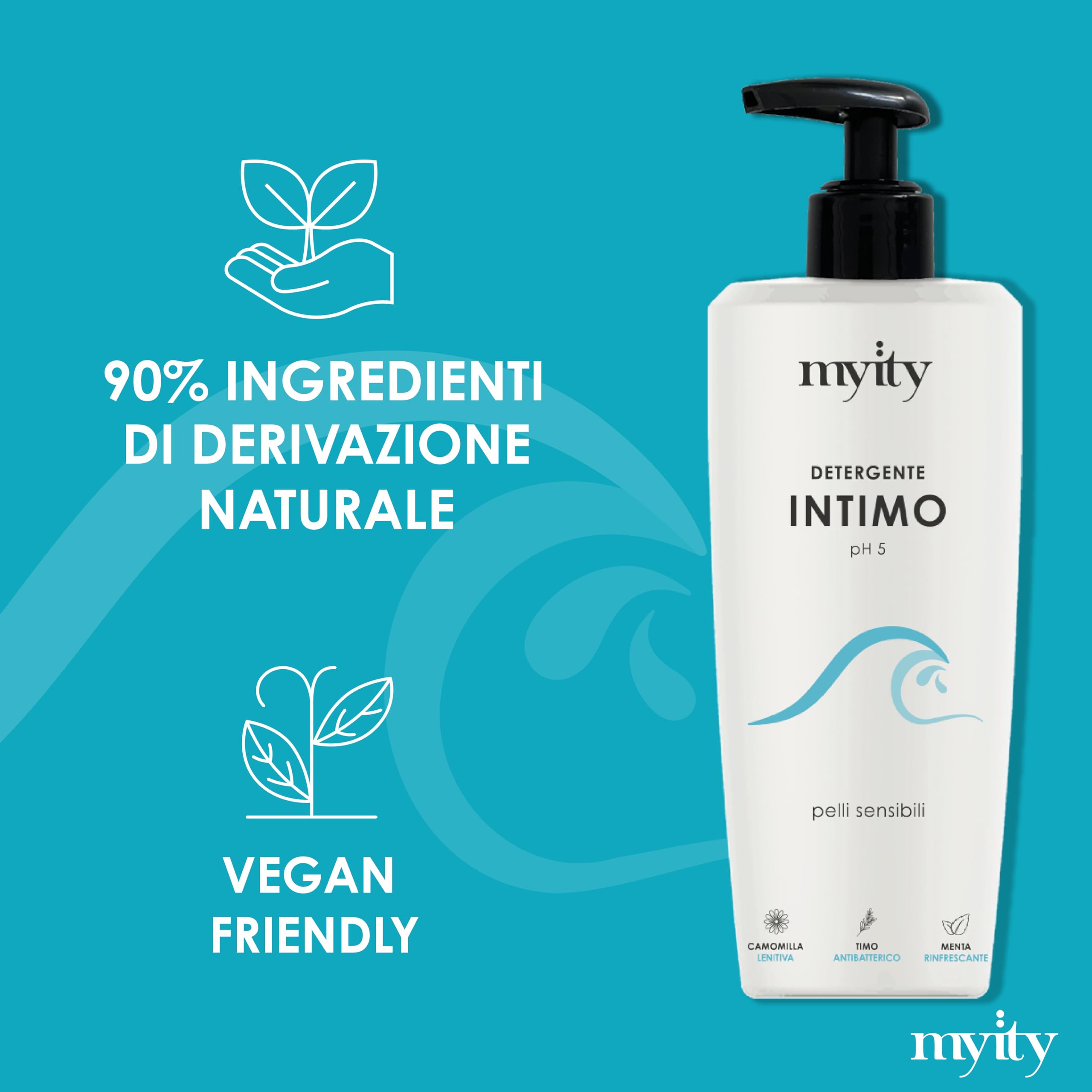Detergente Intimo Myity pH 5 per Pelli Sensibili e Intolleranti - Delicato e Lenitivo, Azione Antibatterica e Rinfrescante - Naturale, Senza Profumo, Vegano, Nichel Tested