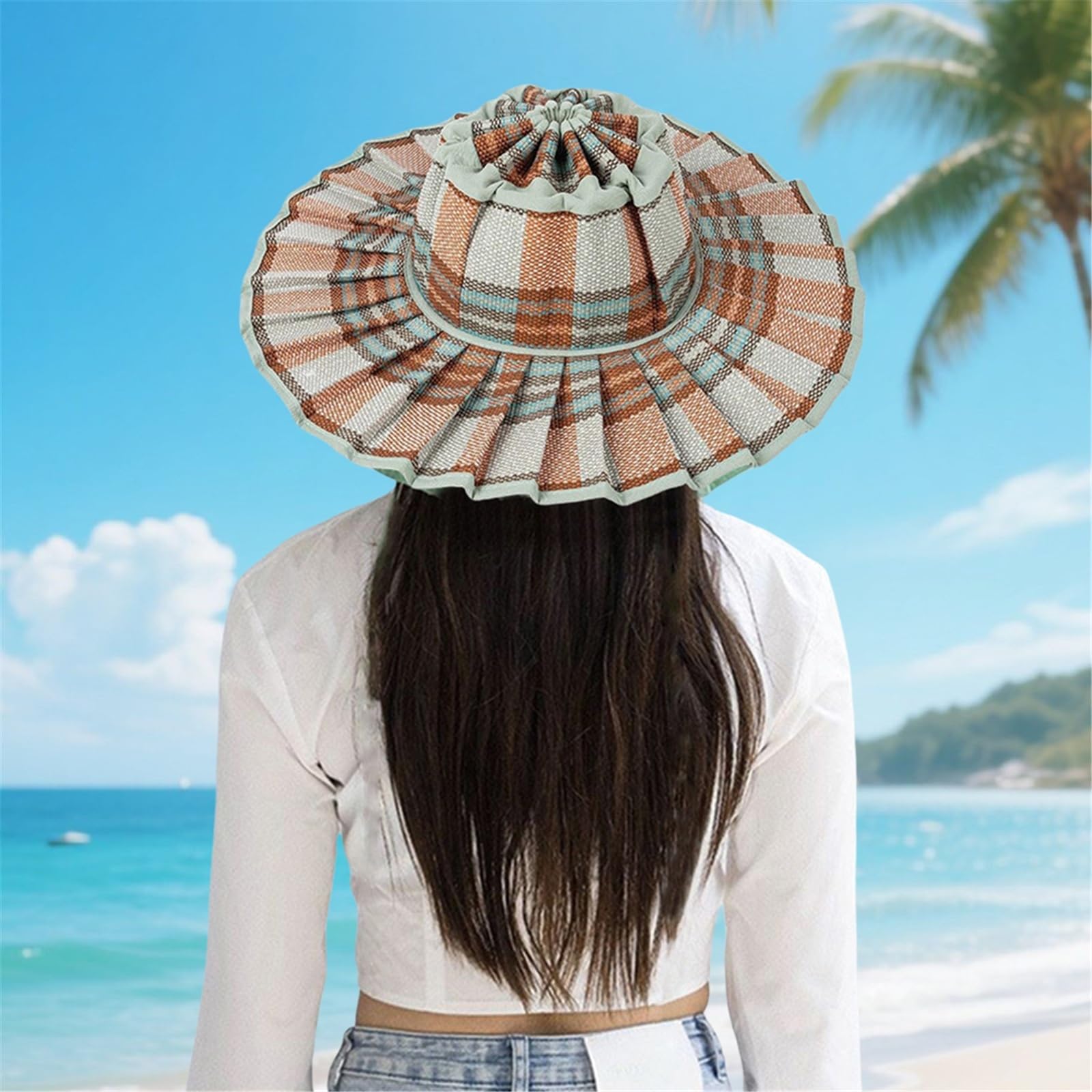 Chapeau de soleil plissé réversible - Large bord pliable - Chapeau de plage d'extérieur avec protection UV pour voyage