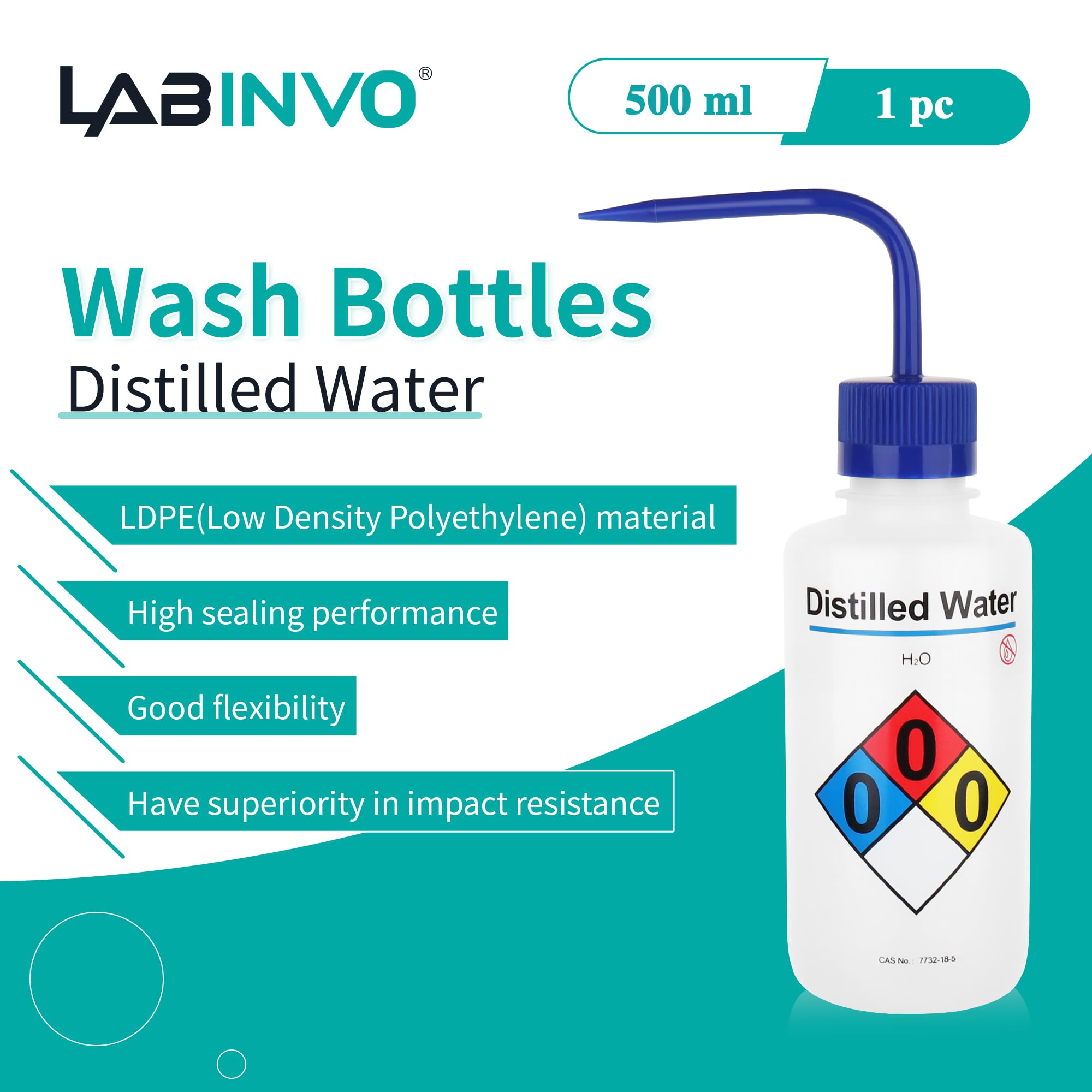 IN-WBD501 Destillierte Wasserwaschflaschen, 500 ml, schmale Öffnung, selbstentlüftende Sicherheits-Waschflaschen, LDPE-Material, 1 Stück