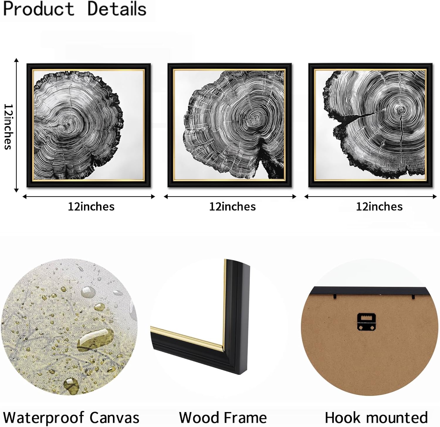 AoArtWZ Abstract Tree Rings Canvas Wall Art Black and White Wood Stump Wall Decor Country Tree Painting Farmhouse Artwork for Living Room Bedroom Office Decor Black and Gold Framed