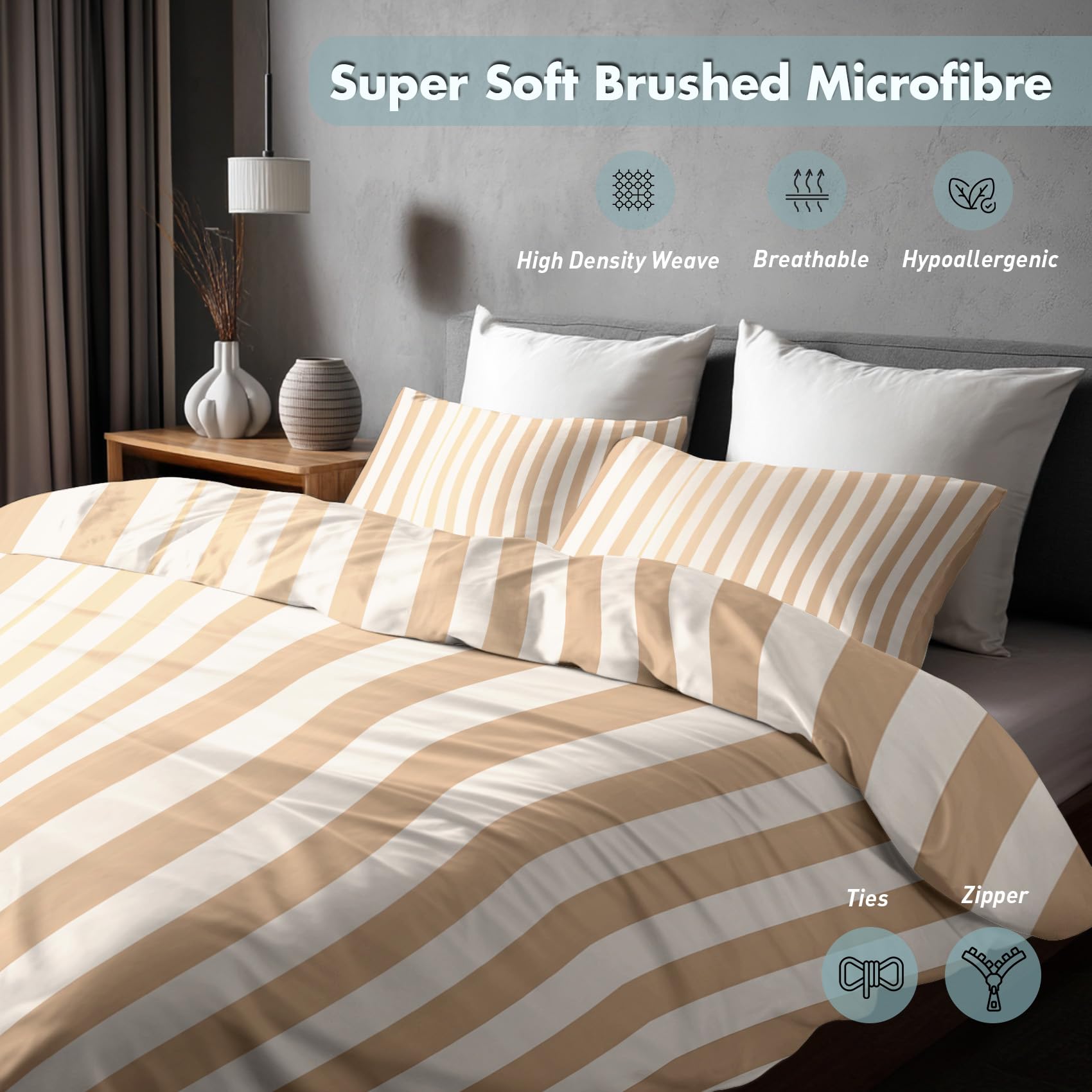 Générique Housse de Couette 220x240 Rayée Beige, Parure de Lit 2 Personnes Reversible Rayures Champêtre, Decoration Chambre, 2 Taies d'oreiller 65x65, Microfibre Doux, Zippée -k578