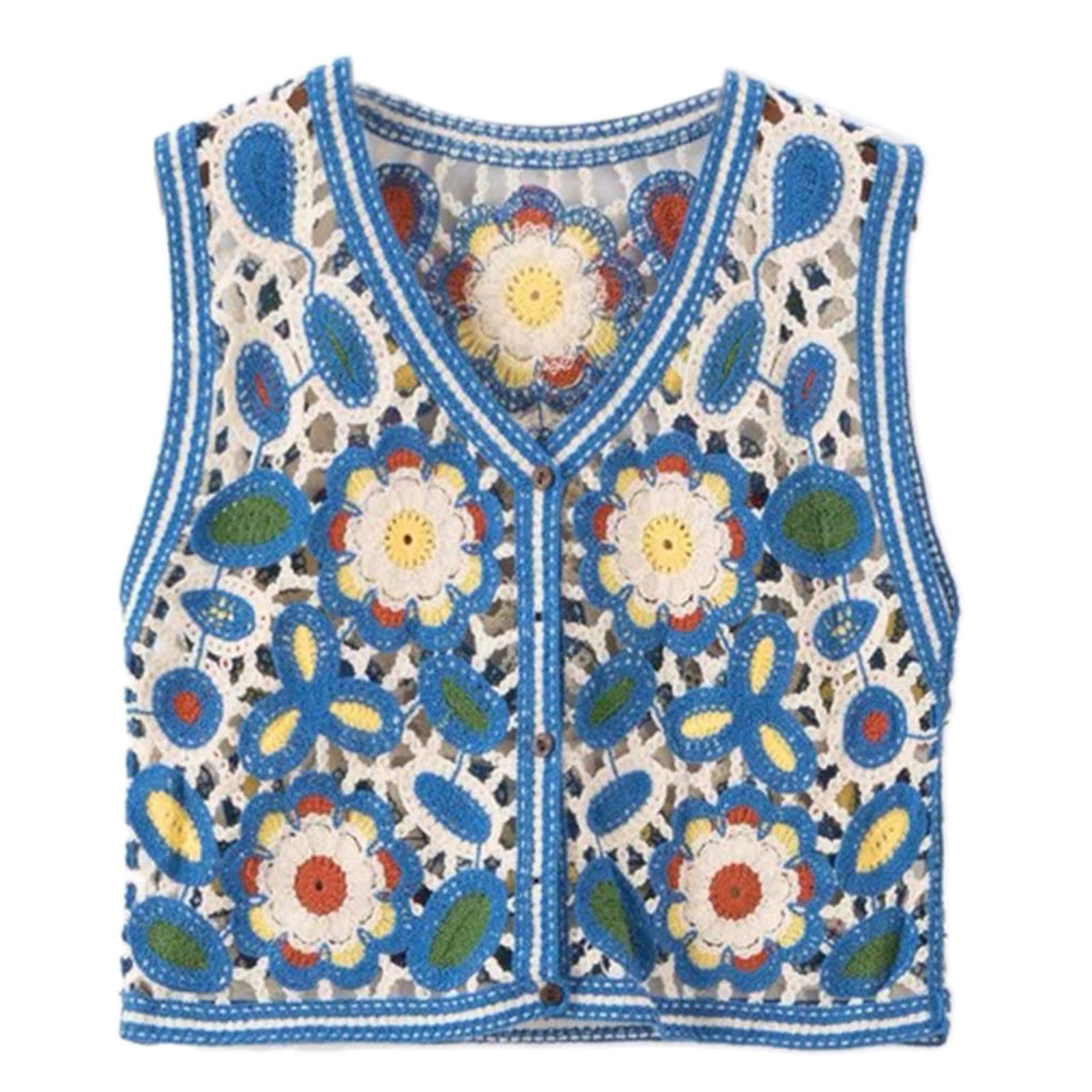 Lovely Women Waistcoats Sleeveless Button Down Crochet Ins Floral Knit Cardigan Tops Ins Korean Female Outerwear