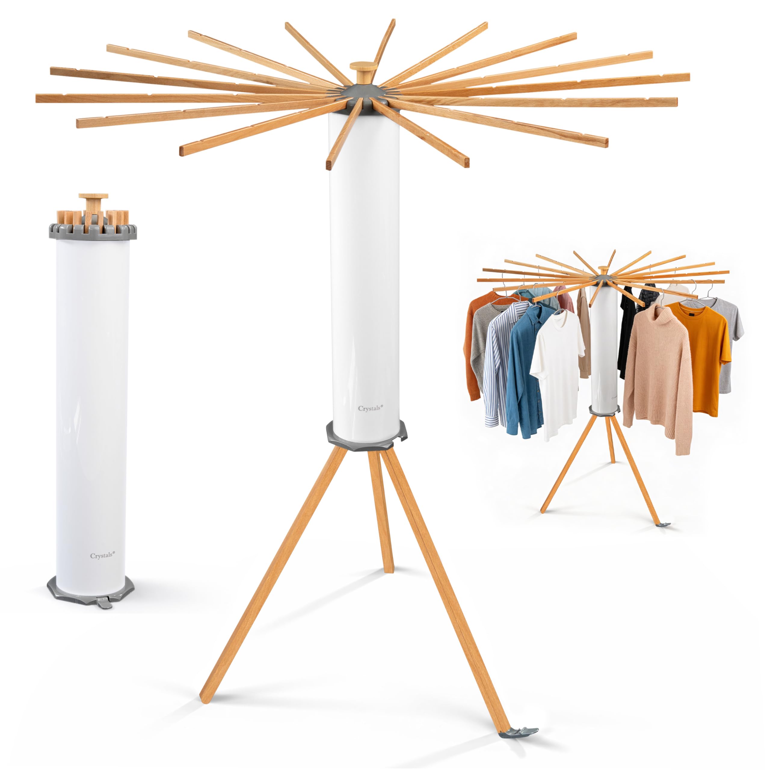 Crystals Octopus Clothes Drying Rack Airer – Portable Cloth Airer 16 Arm Wooden Collapsible Pole Tripod Laundry Dryer Horse Stand, Floor Standing Foldable Clothes Hanger for Home Use_White