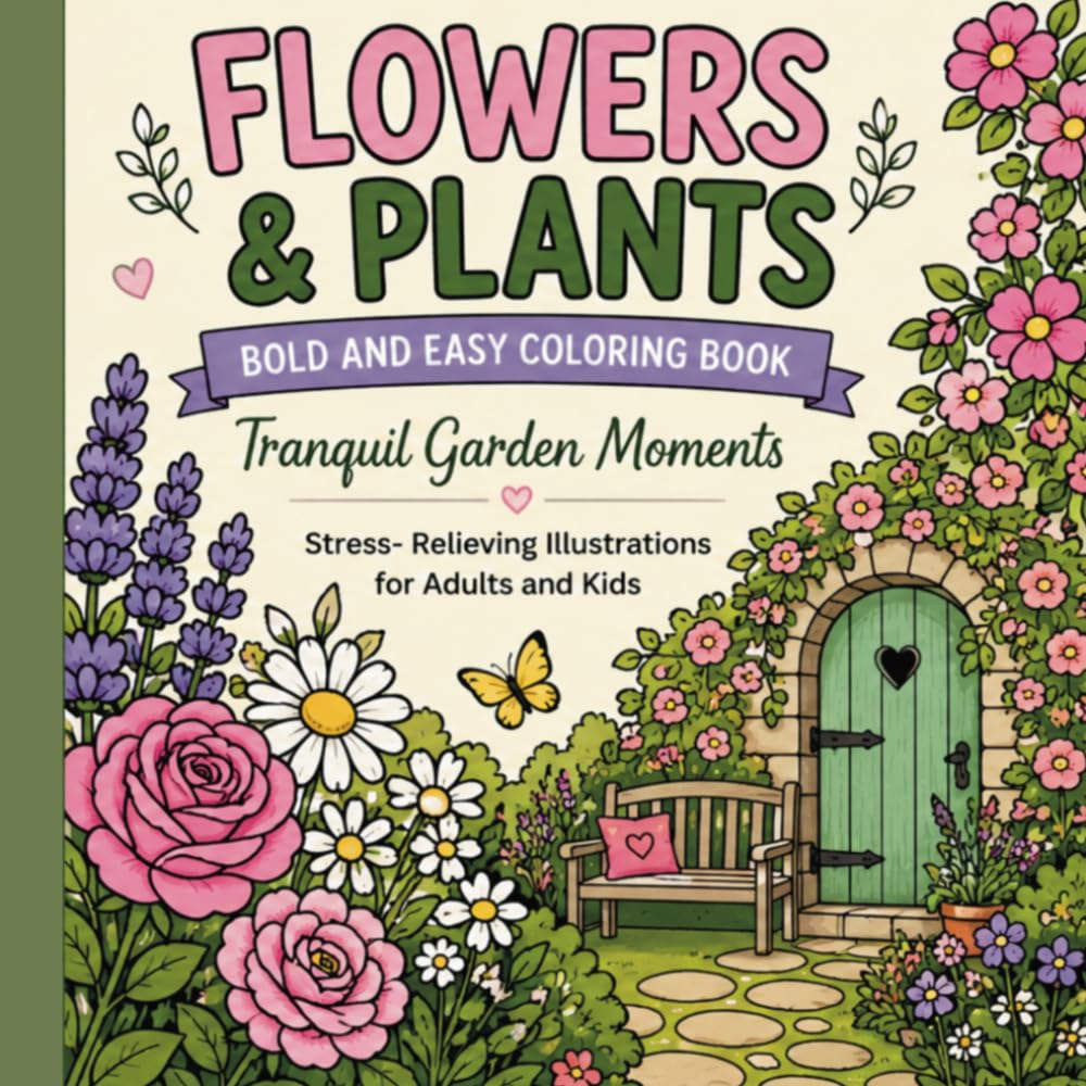 Flowers & Plants Bold and Easy Coloring Book: Tranquil Garden Moments, Stress-Relieving Illustrations for Adults and Kids