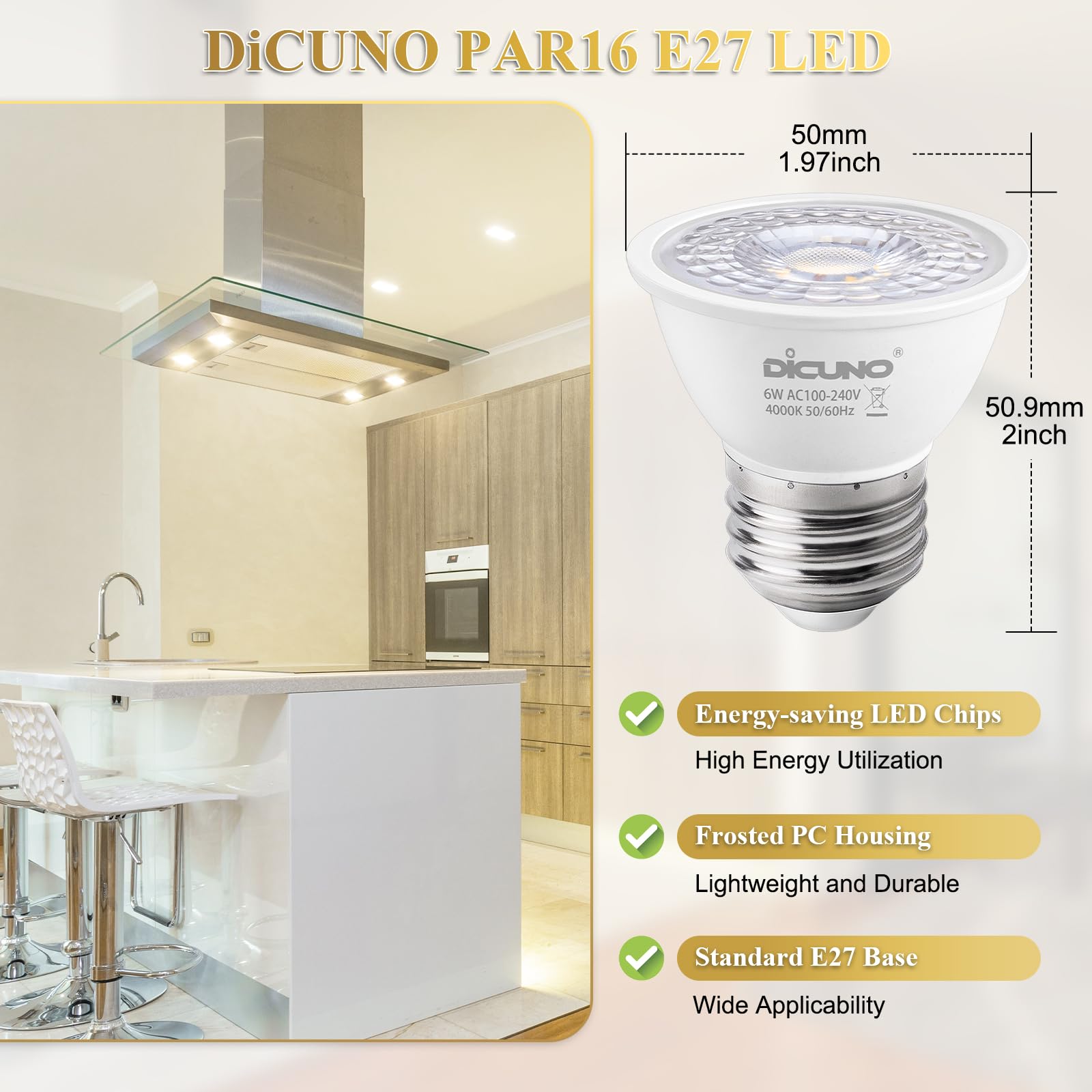 DiCUNO E27 LED Bulb 6W, E27 ES Light Bulbs MR16, Natural White 4000K, 50W Halogen Replacement, 500LM - Image 3
