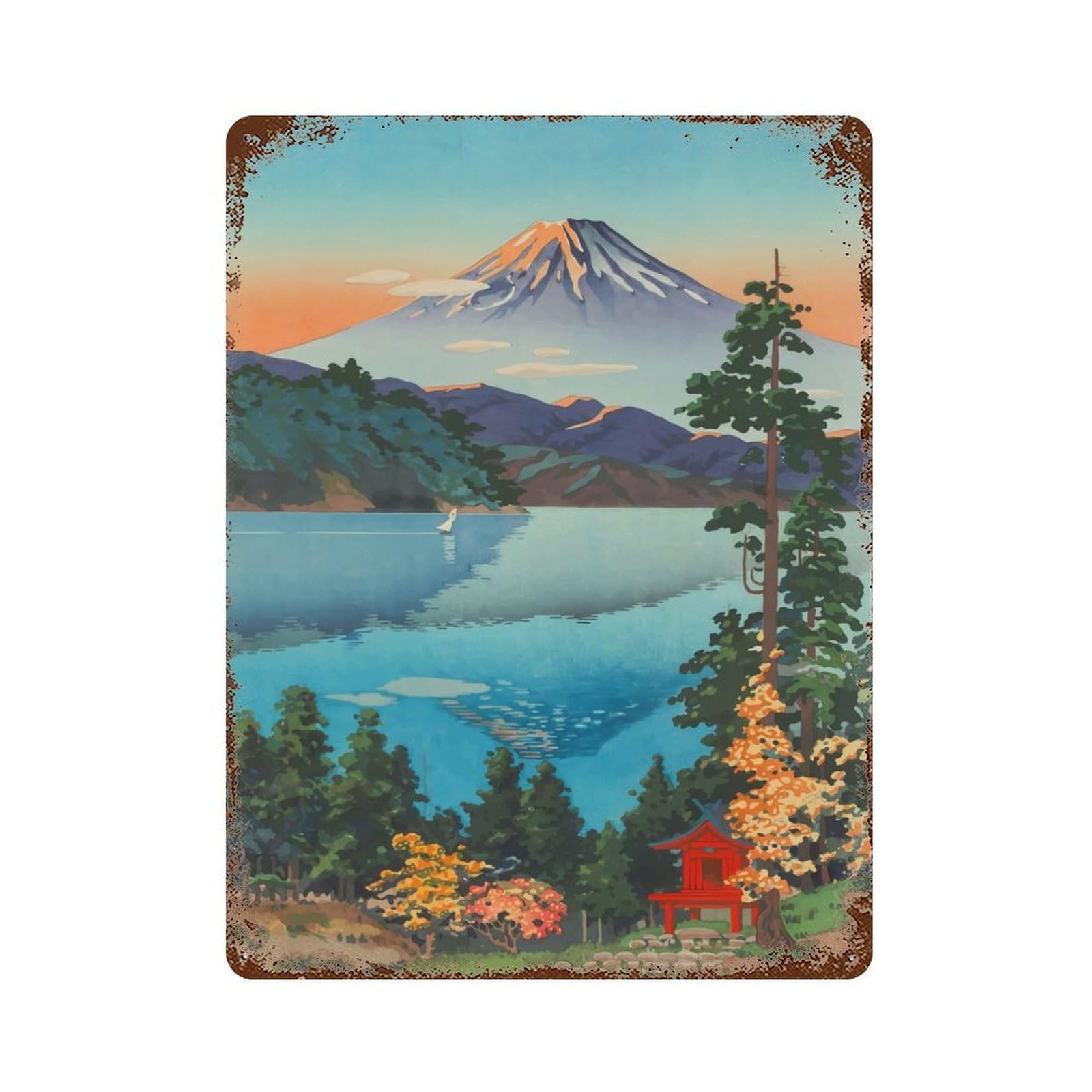 Garage Style Lake Ashi Rust Effect Tin Sign 15.7"x11.8", Industrial Home Decor for Bar And Workshop