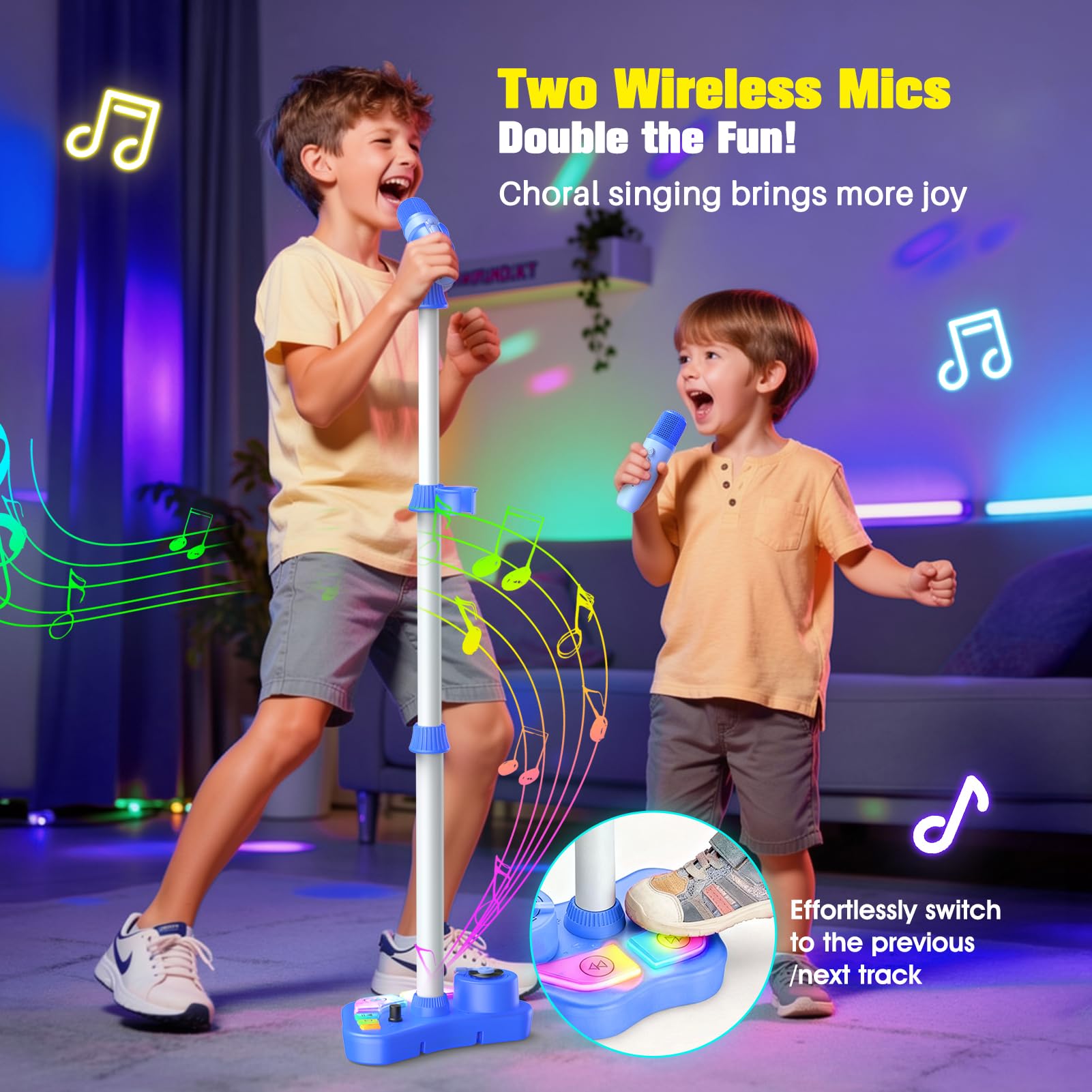 Kinder Karaoke-Maschine Spielzeug mit Ständer für Jungen Alter 3-8 Jahre, wiederaufladbares Karaoke-Mikrofon mit 2 kabellosen Mikrofonen & LED-Lichtern, 3 4 5 6 7 8 Jahre alt Junge Mädchen