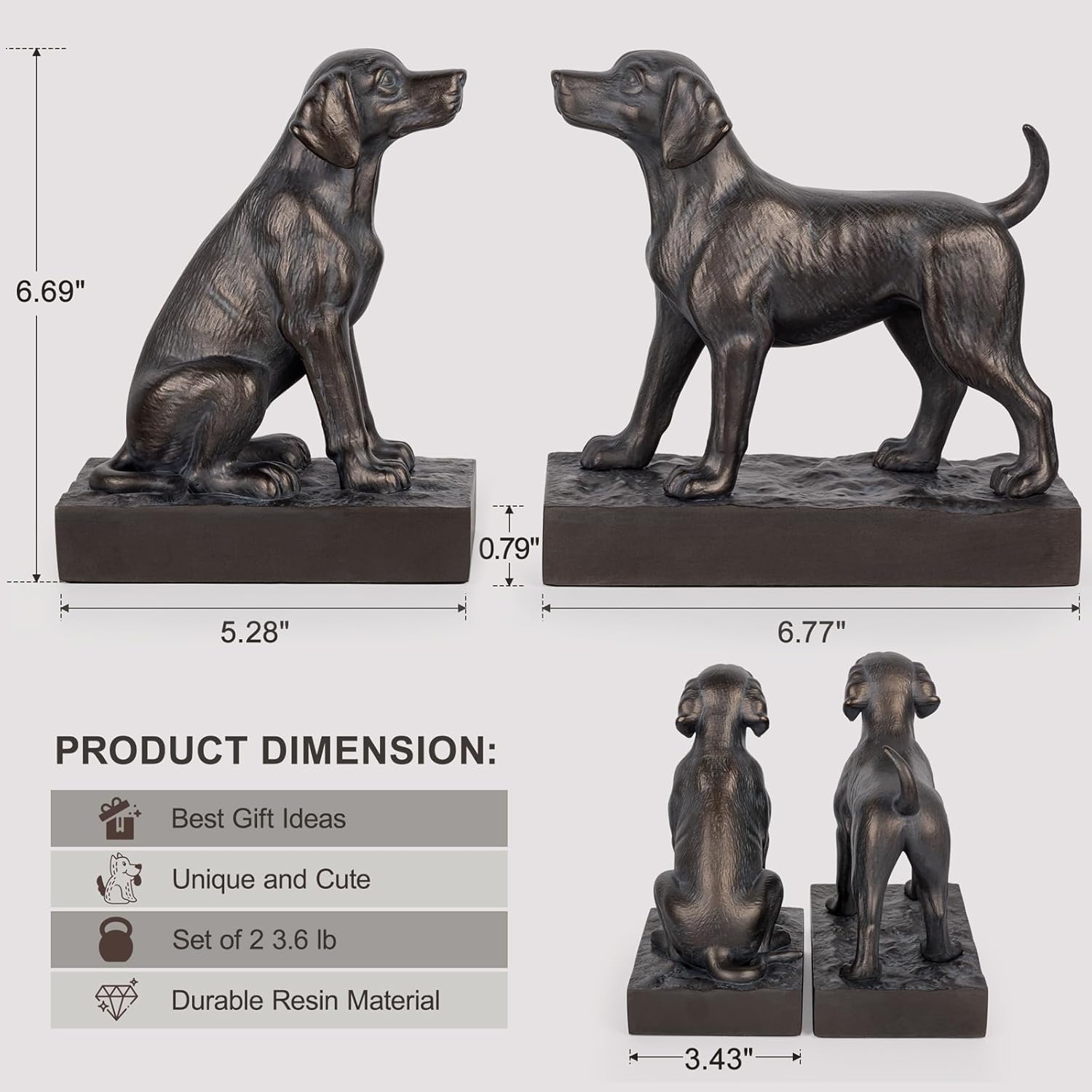 Decorative Bookends for Shelves, Labrador Dog Book Ends for Heavy Books, Lab Dog Statues Bookends for Heavy Books with Anti-Slip Base Book Holders for Home Office Decor (Bronze)