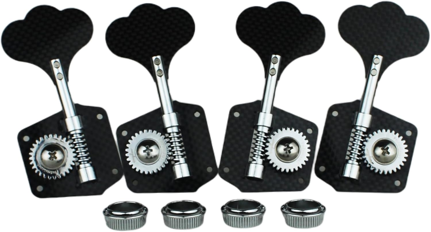 Guyker Carbon Fiber Bass Machine Head (2R + 2L) - 1:28 Ratio Gear Open Frame Tuners Tuning Key Pegs Replacement for Electric Jazz Guitar Bass or Precision Instruments, Chrome