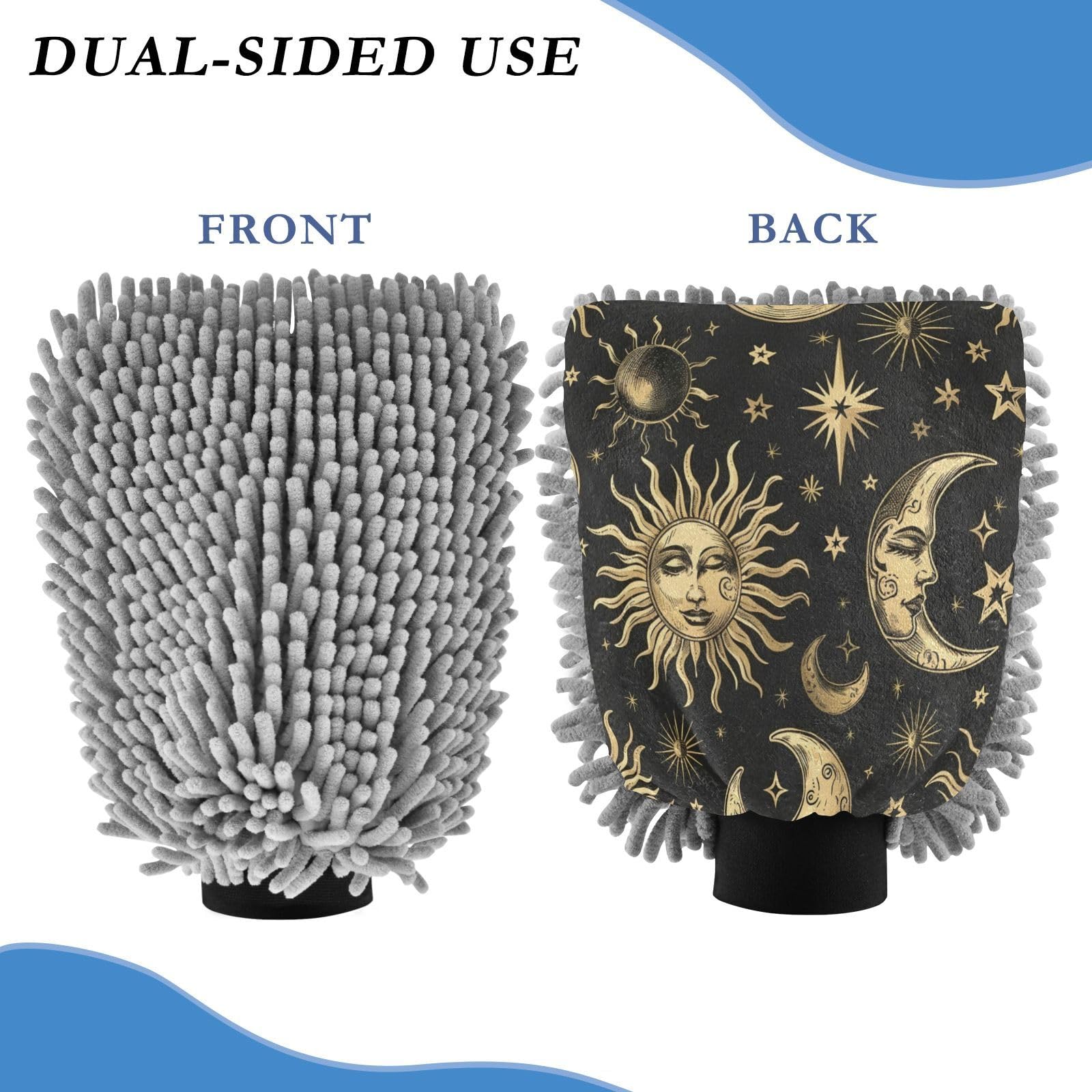 ALAZA Crescent Moon Sun Stars Car Wash Mitt Scratch Free, 2 Pack Absorbent Microfiber/Chenille Washing & Drying Mitts, L