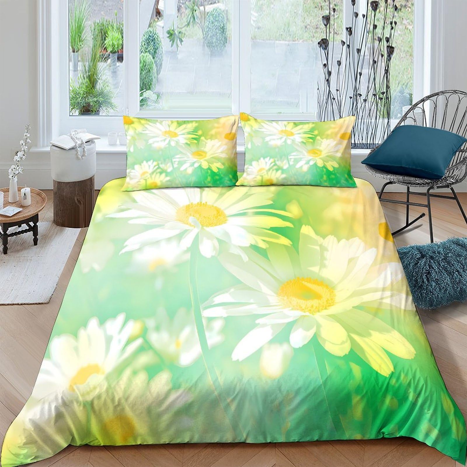 Ctjqhvkz Style-6 3D Printed Daisy Floral Fitted Sheet Microfiber Soft Green Yellow Blossom Mattress Cover For Bedroom Guest Room Decor Single（135X200cm）