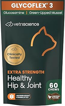 VetriScience Extra Strength Healthy Hip & Joint Chews, GlycoFlex Glucosamine and Green-Lipped Mussel Joint Support Supplement for Cats, Promote Mobility and Soothe Joint Discomfort, Chicken, 60 Count