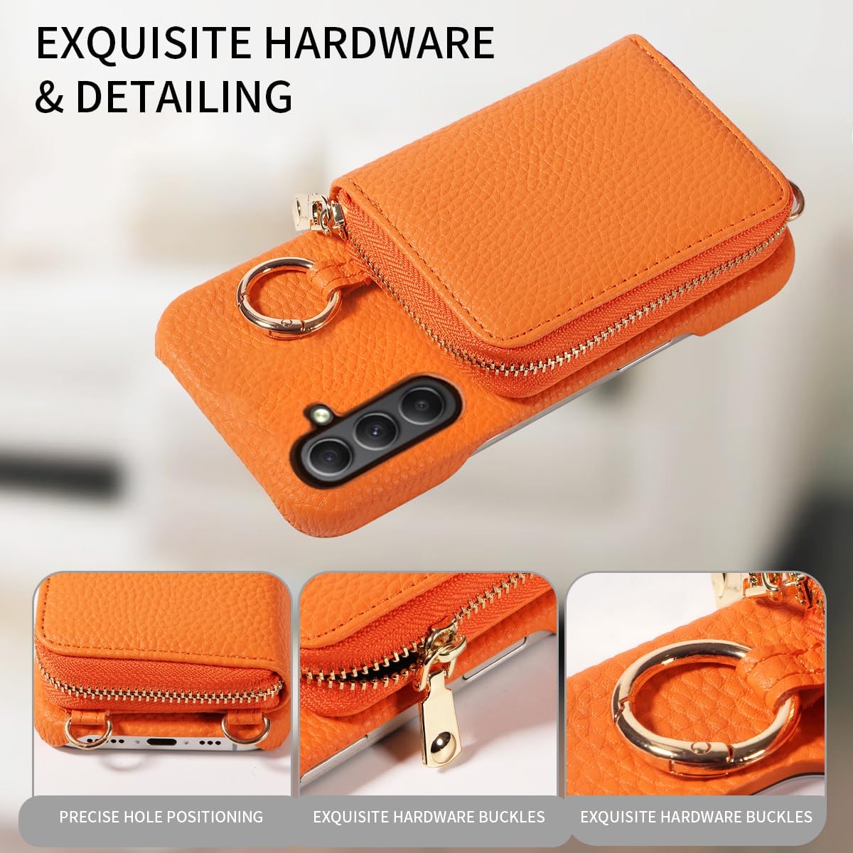 Wallet Case for Samsung Galaxy A16 5G/4G with Shoulder Strap Ring Buckle PU Leather Zipper Flip Organ Purse, Credit Card Holder Stand Full Body Cell Phone Cover for A 16 16A SM-A166U Orange