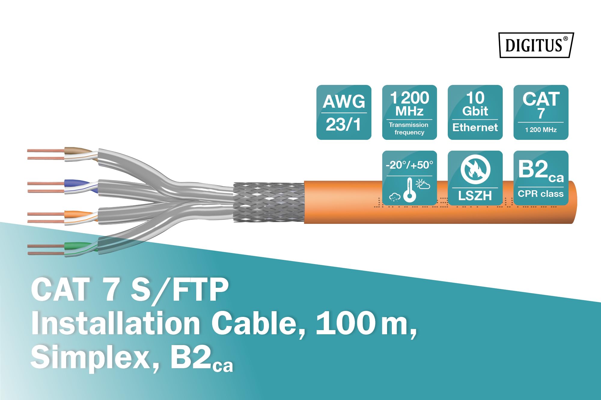 Digitus 100 m Cat 7 Netzwerkkabel - S-FTP (PiMF) Simplex - BauPVO B2ca - LSZH Halogenfrei - 1200 MHz Kupfer AWG 23/1 - PoE+ Kompatibel - LAN Kabel Verlegekabel - Orange – Bild 5
