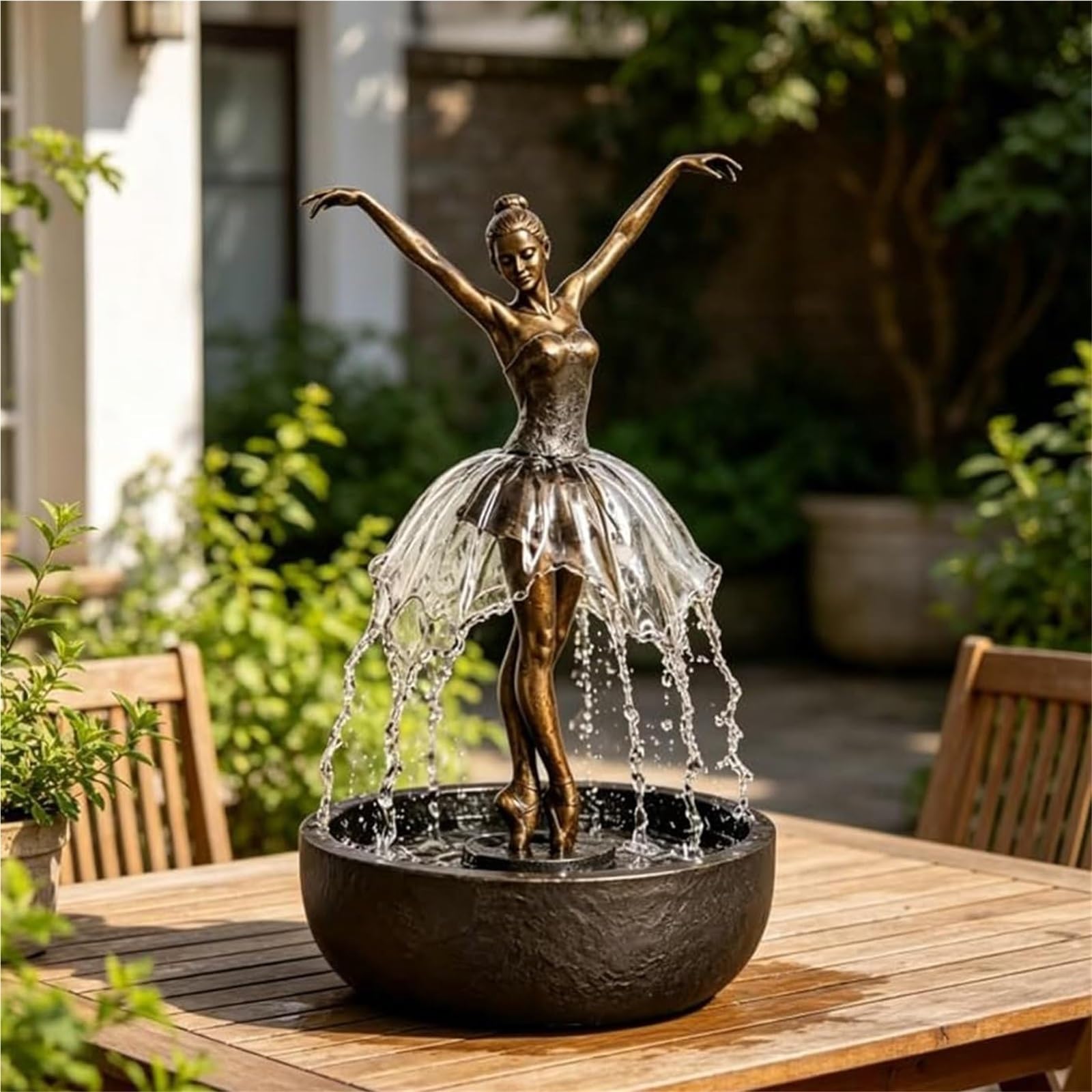 Fuente con Altavoz Bluetooth Y Efecto De Cascada Fuente De Altavoz Bluetooth Cascada Bailarina, Escultura Artística con Falda Agua Que Fluye, Atención Plena for Aliviar El Estrés for Hogar(Gold)