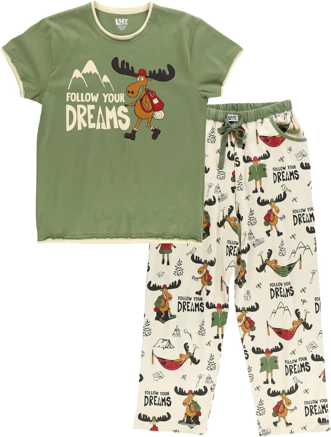 Lazy One Novelty Pajamas Two Piece Set For Women – Funny Cotton Sleepwear with Short Sleeve Top & Lounge Pants with Pockets