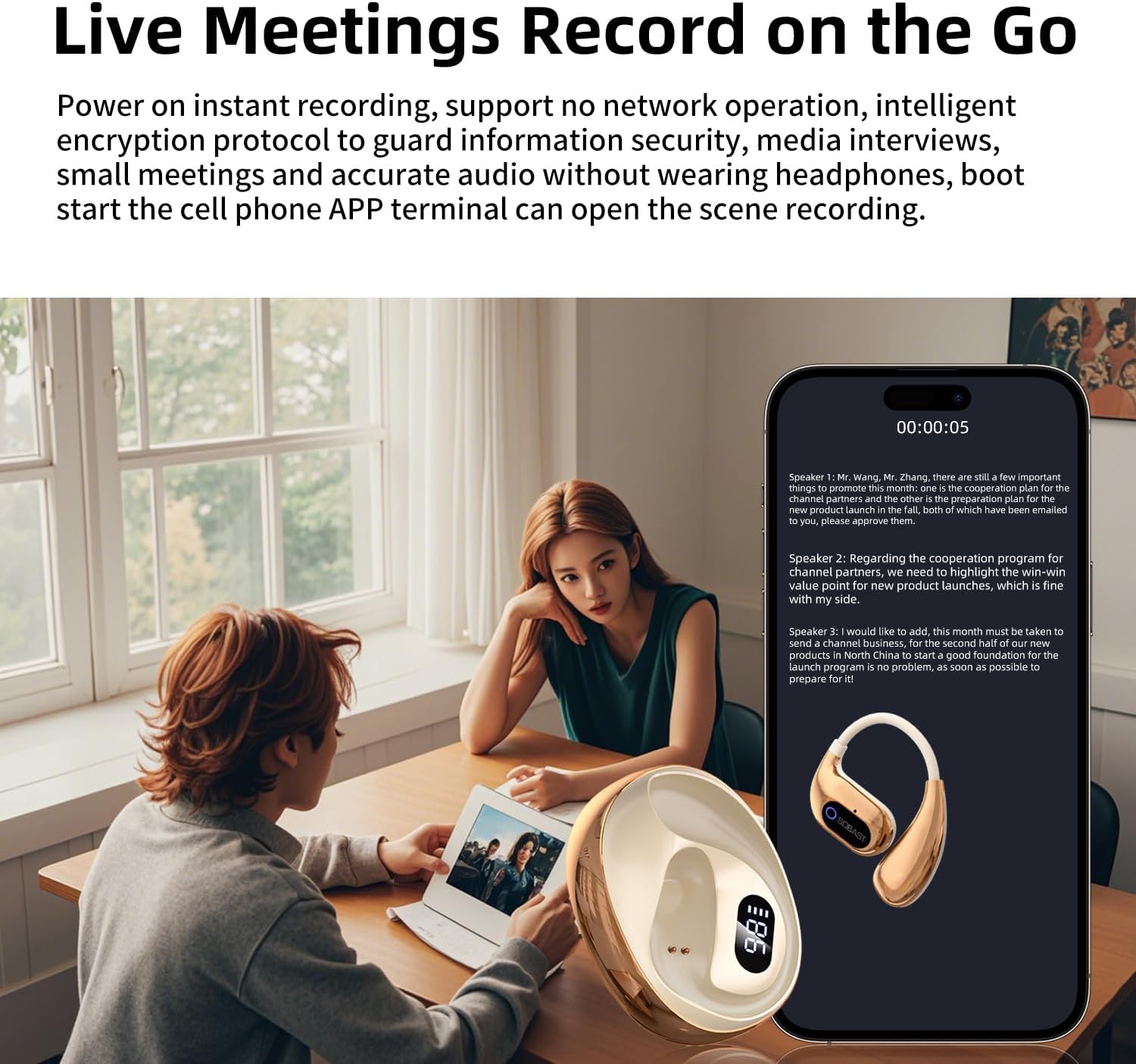 Two people in a meeting with SOBAST S-OW1pro earbuds, demonstrating live meeting recording and transcription