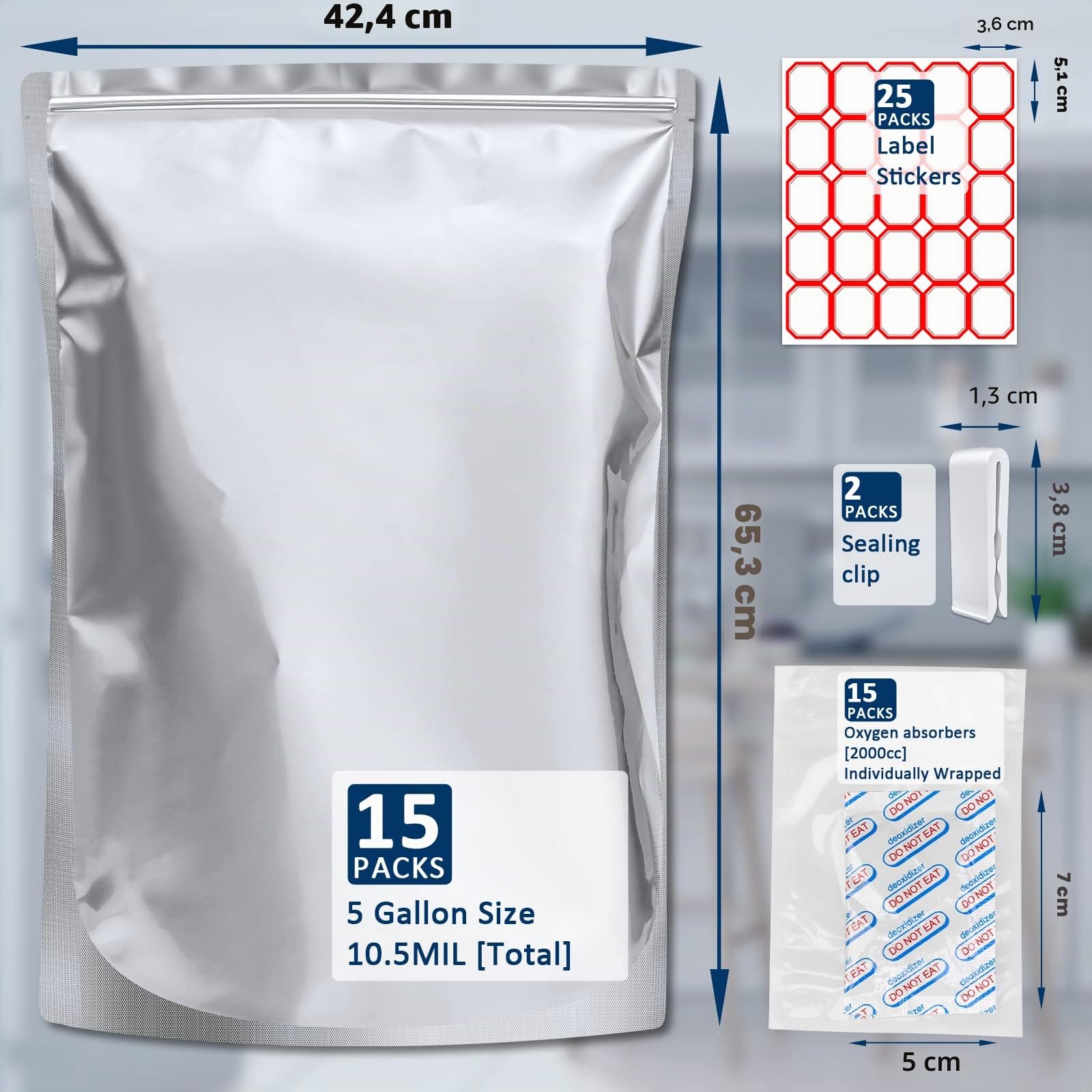 Paquete de 15 bolsas de mylar de 5 galones con absorbentes de oxígeno, bolsas de mylar de 10.5 milímetros para almacenamiento de alimentos con 15 absorbentes de oxígeno sellados individuales de 2500