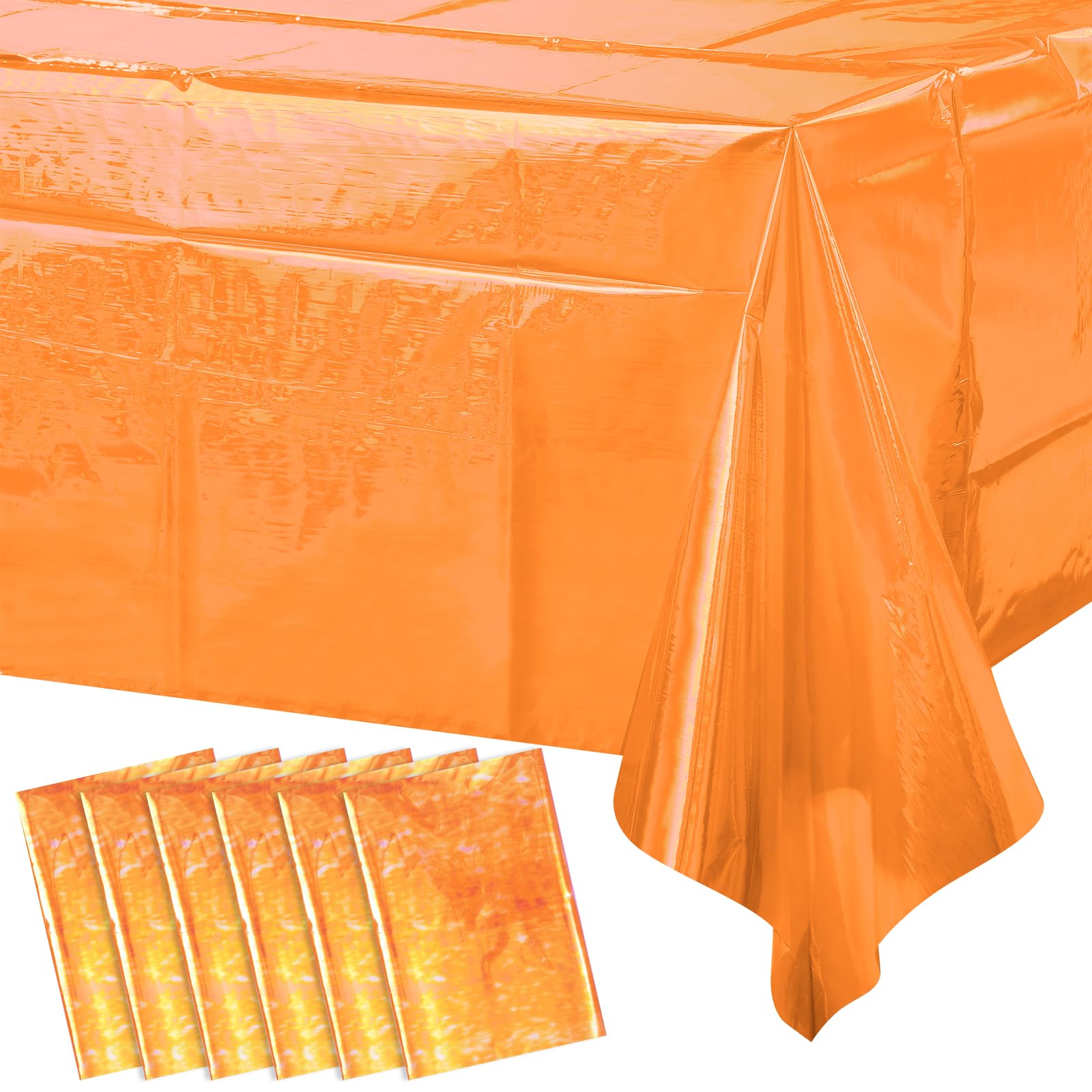 6 Pack Iridescent Orange Plastic Tablecloth, Shiny Orange Disposable Laser Rectangle Table Covers, Holographic Foil Tablecloth Party Decorations for Tequila Sunset Birthday Banquet Party, 40 x 108Inch