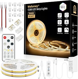 20M COB LED Streifen, LED Strip Warmweiss 3000K, 24V Dimmbar Flexibles COB LED Streifen Licht Set, mit Netzteil und RF Fernbedienung, CRI 90+ Helles Unterbaulicht für Home Dekoration Treppe Küche