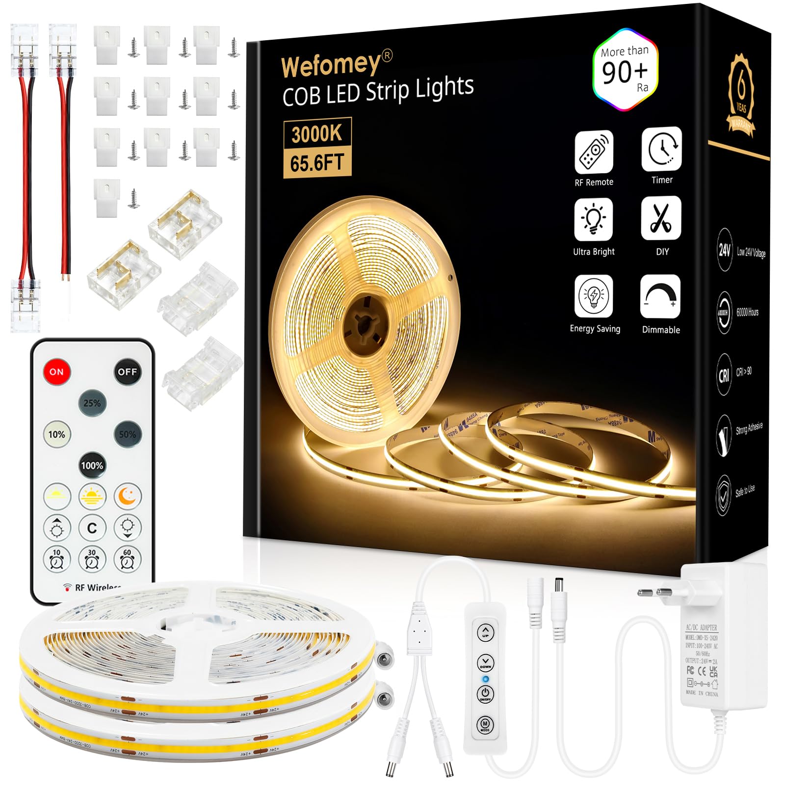20M COB LED Streifen, LED Strip Warmweiss 3000K, 24V Dimmbar Flexibles COB LED Streifen Licht Set, mit Netzteil und RF Fernbedienung, CRI 90+ Helles Unterbaulicht für Home Dekoration Treppe Küche
