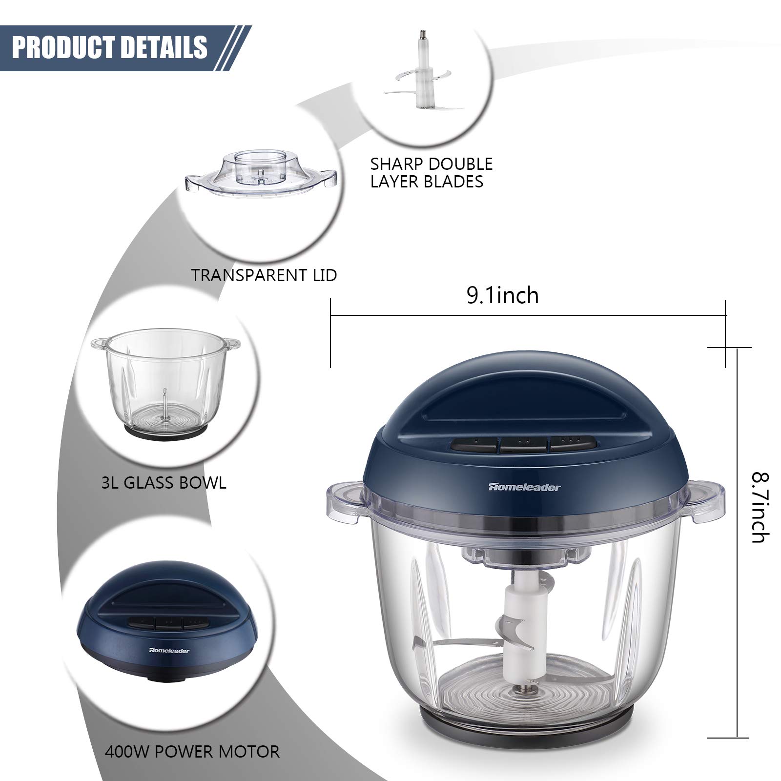 Homeleader Food Chopper 10 Cup Electric Food Processor Large Size Glass