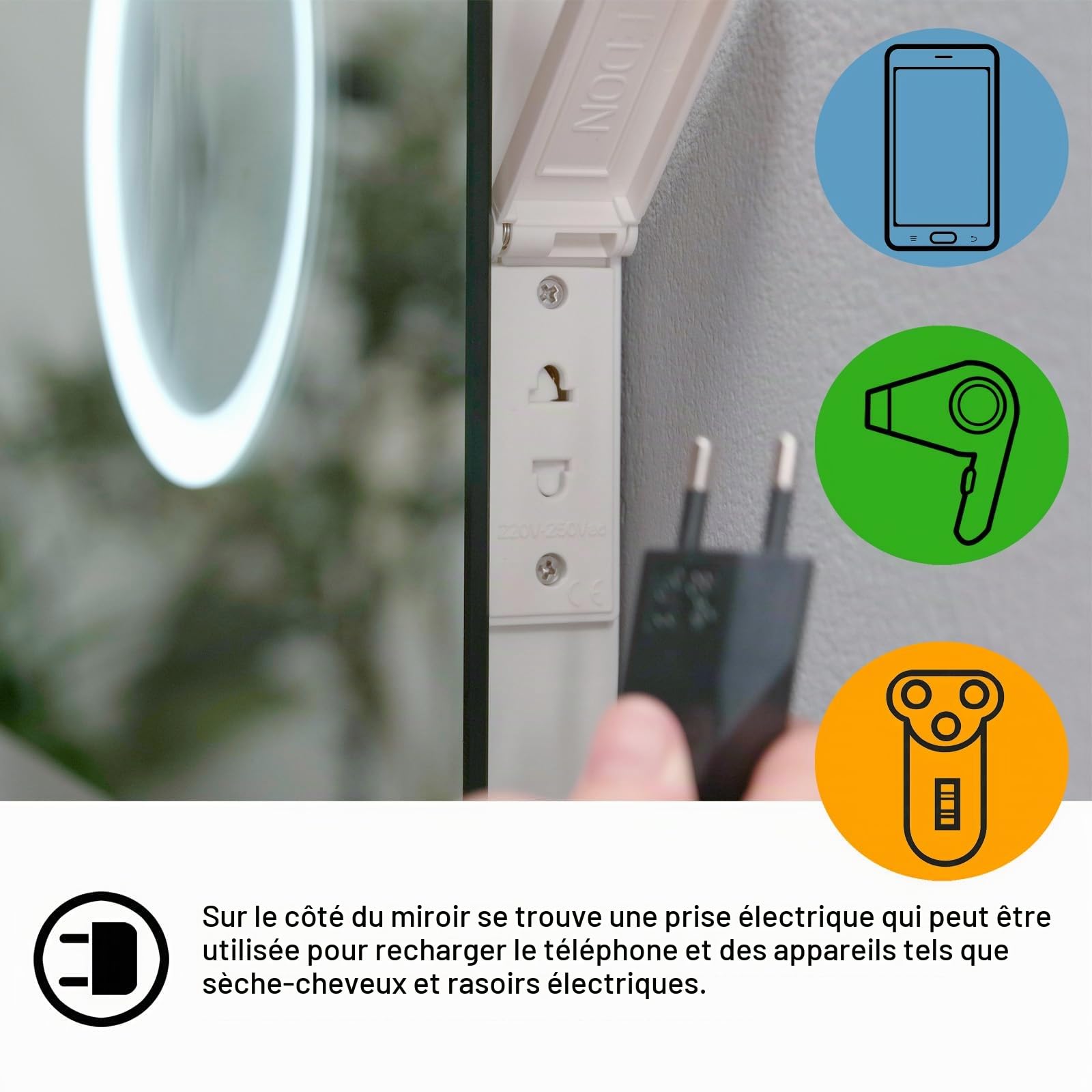 MIQU Miroir de Salle Bain Bluetooth avec éclairage 120 x 80 cm Grand Miroir Mural LED avec Prise de Courant, Dimmable en 3 Couleurs, Grossissant 3X, Horloge, Anti-buée, Interrupteur Tactile