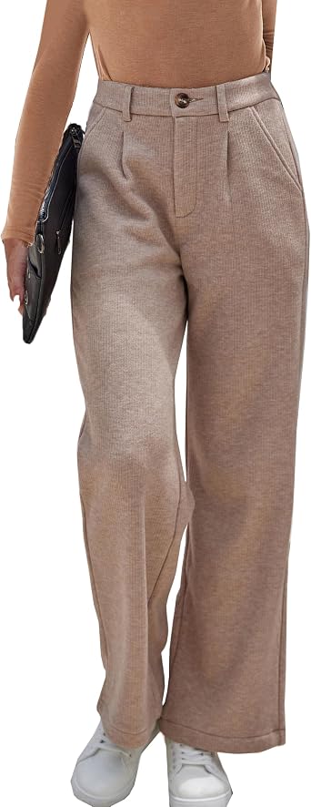 Fakanhui Womens Fleece Lined Dressy Work Pants Wide Leg High Waisted Winter Warm Casual Slacks Pants