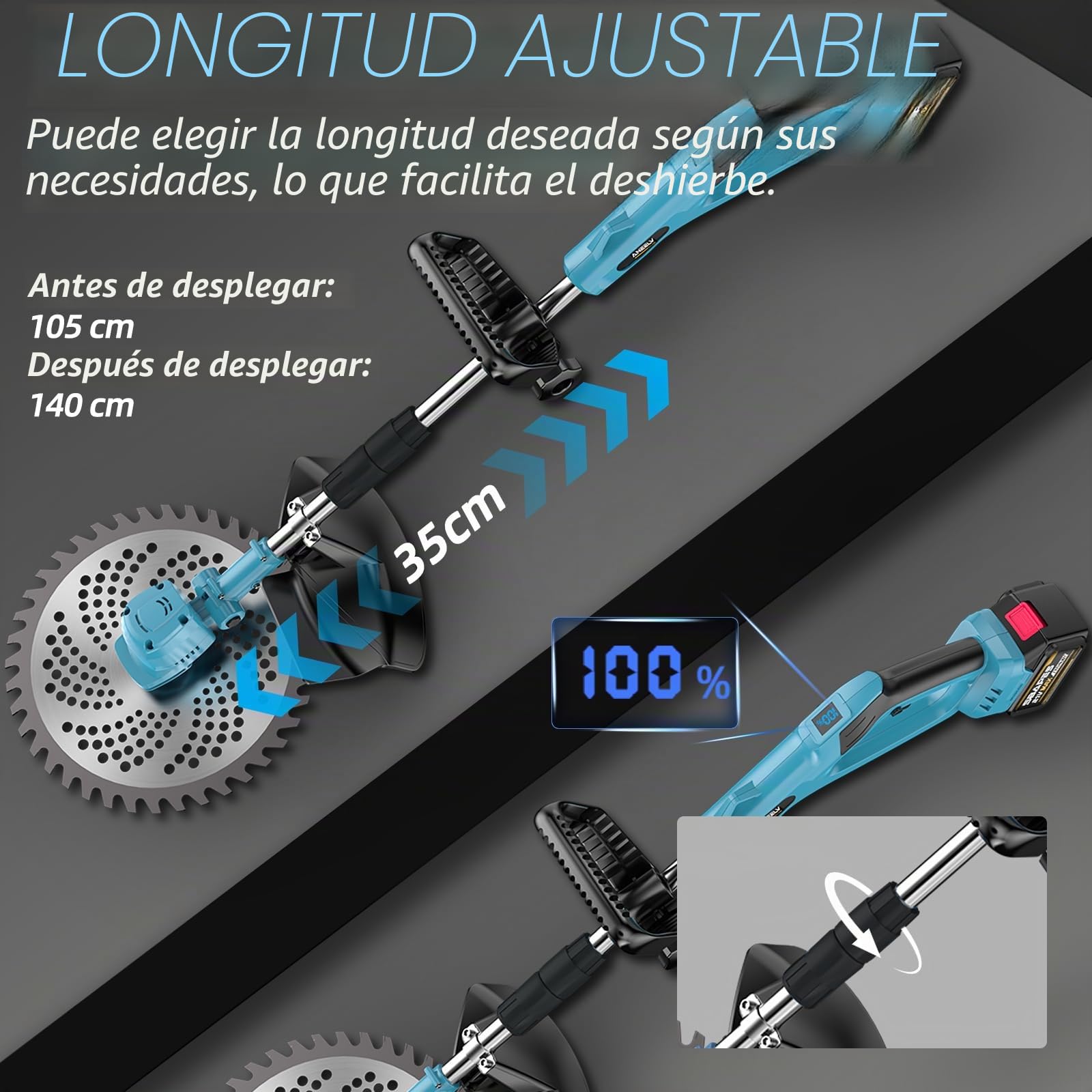 Cortabordes inalámbrico para baterías Makita, Motor sin escobillas 1200W, 2 baterías 4000mAh, telescópico, Cabezal Ajustable césped y maleza