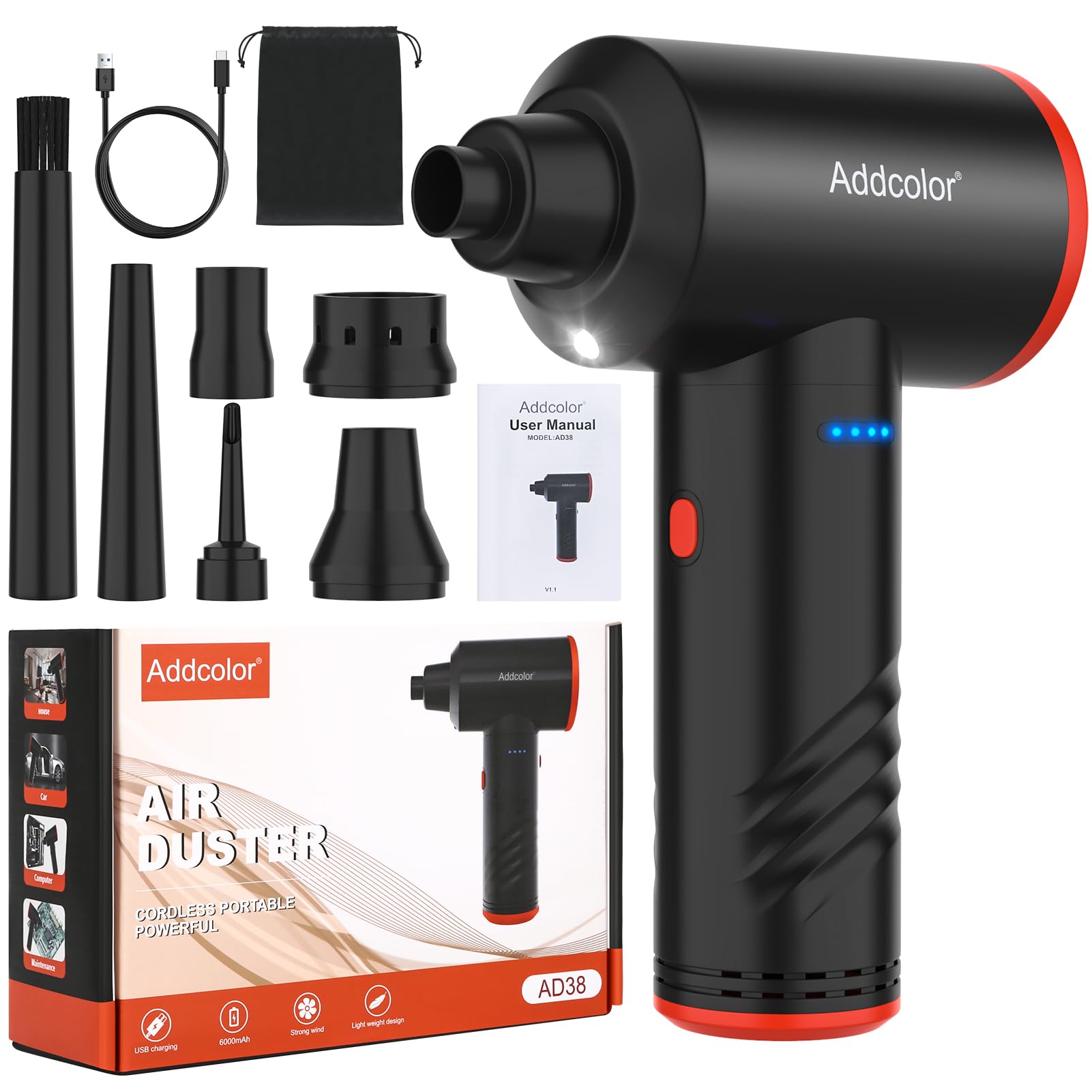 Elettrico Rimuovi Polvere Aria Compressa 6000mAh, AD-38 Air Duster per Ufficio Tastiera, 3 Velocità Vento Regolabili con Luce LED, Spolverino Ad Aria Compressa Senza Fili e Riutilizzabile