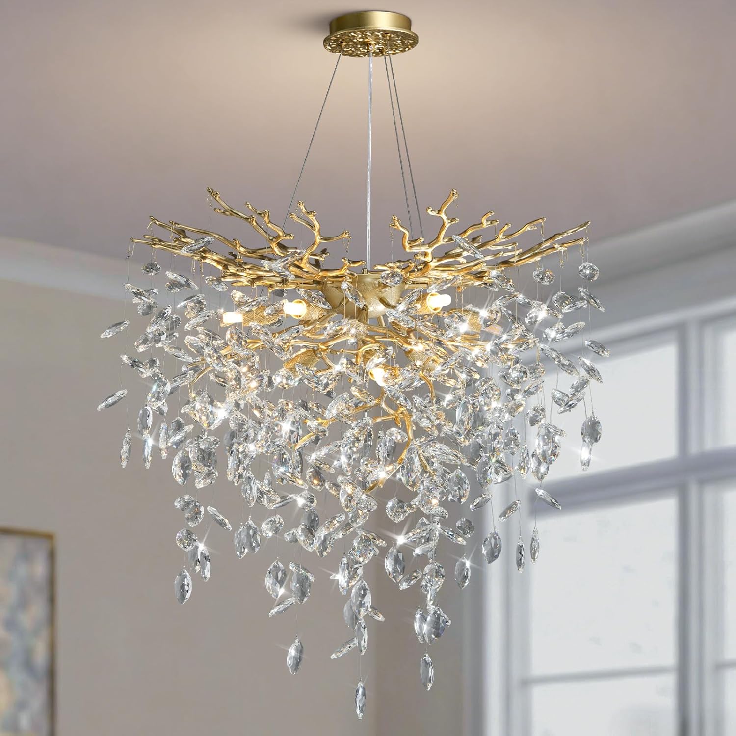 YIOSI 23.6" Modern Tree Branch Crystal Chandelier, 8-Light Luxury Gold Chandelier, Round Chandeliers for Dining Room, Living Room, Bedroom, Foyer, Entryway, Kitchen, K9 Crystal Raindrop Light Fixture