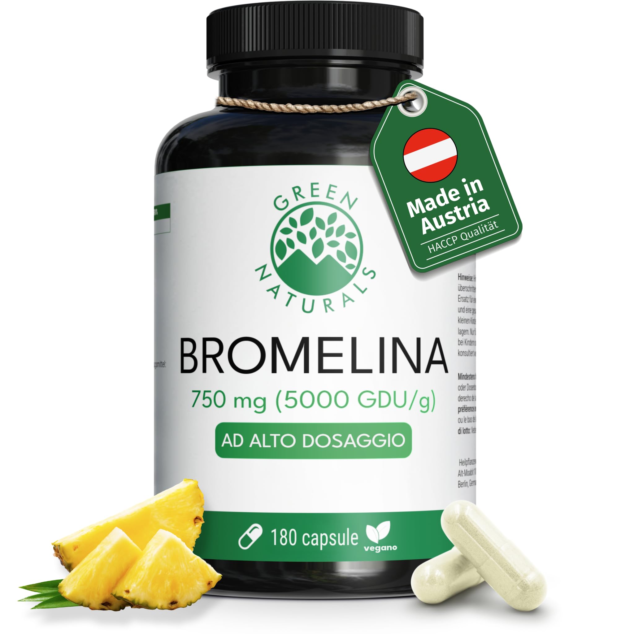 Green Naturals® Bromelina ad alto dosaggio – 180 capsule (6 mesi) – 750 mg da estratto naturale di ananas (5.000 GDU/g) – Capsule gastroresistenti DR Caps – Vegane & testate in laboratorio