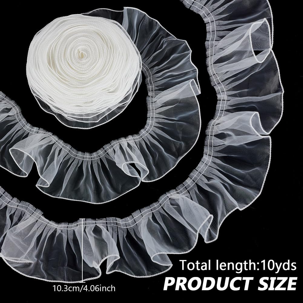 NBEADS 10 Yarda de Ribete de Encaje Plisado de Organza, Tela de Hilo Blanco con Volantes de 10.3cm para Accesorios de Ropa Apliques Y Parches