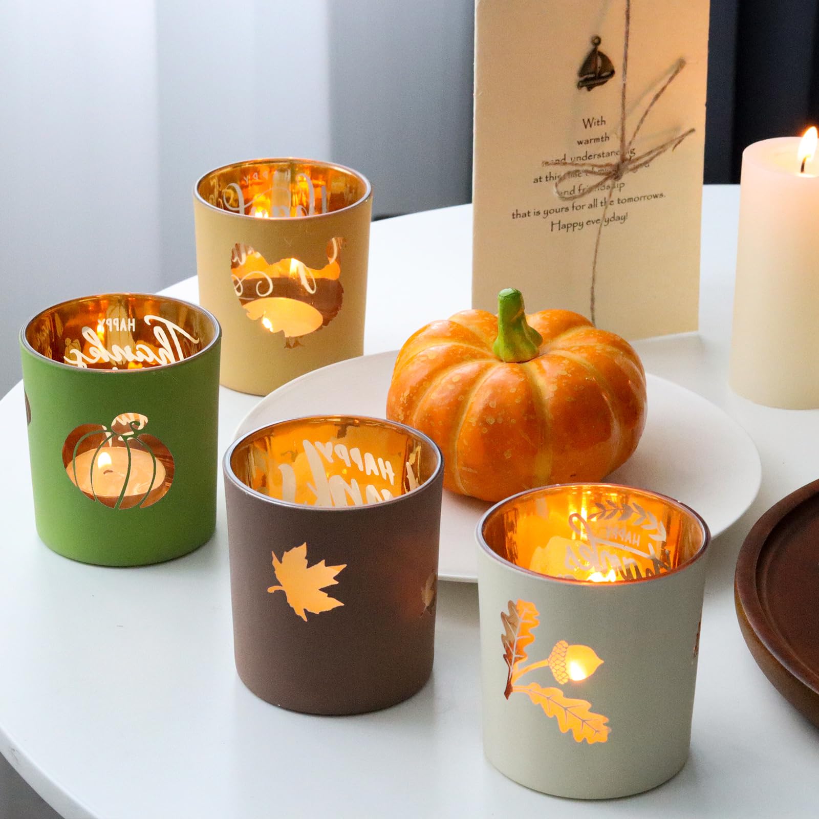 WDHODEC Thanksgiving Candle Holders 4PCS Votive for Fall, Party, Bedroom, Kitchen, Table Decor and Indoor Decorations