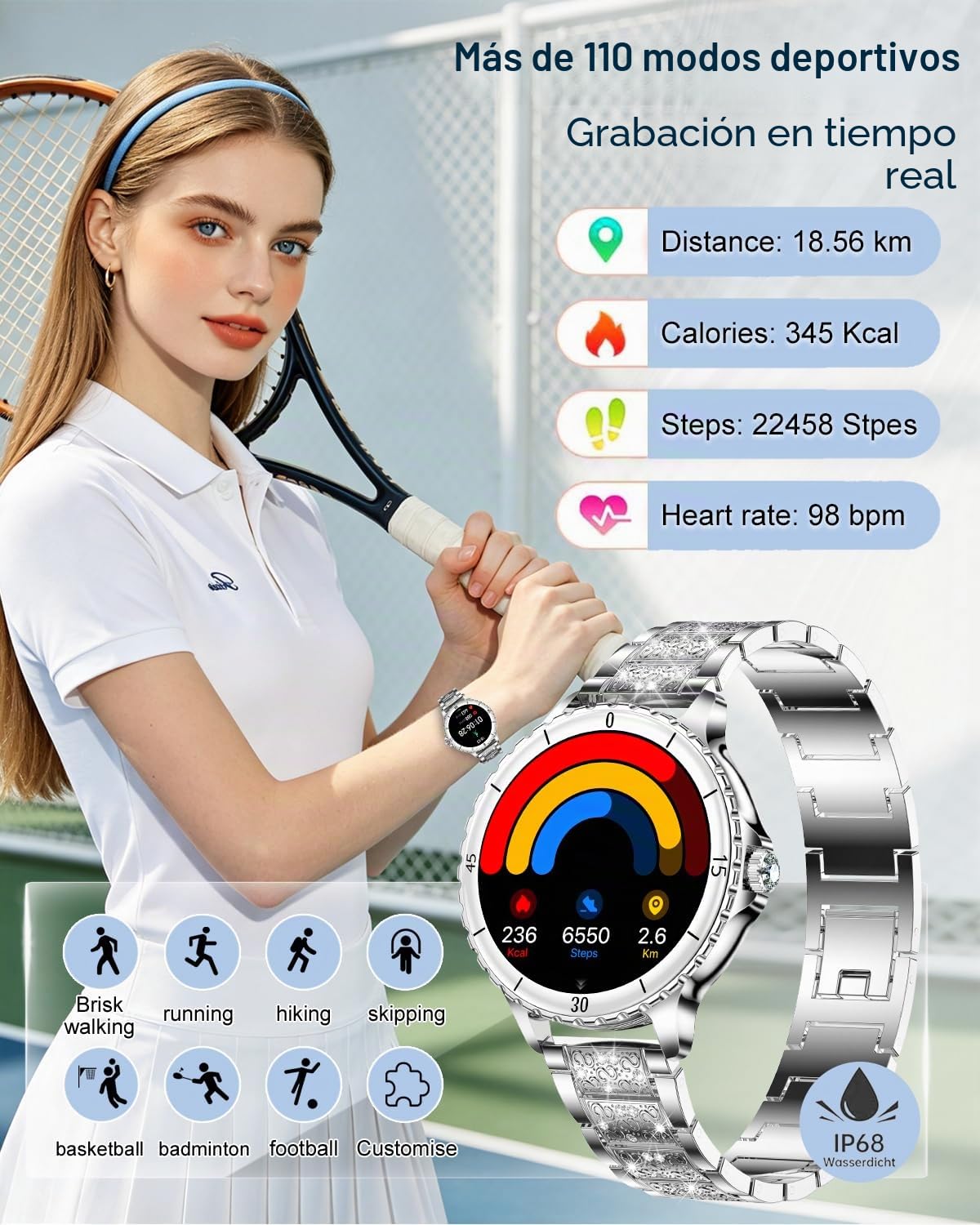 Reloj Inteligente Mujer con Llamadas, 1.27'' Smartwatch Mujer con Correa de Diamante, Compatible con Android/iOS, IP68 Impermeable Smart Watch Redondo con 120+ Deportes SpO2 Sueño Podómetro, Plata