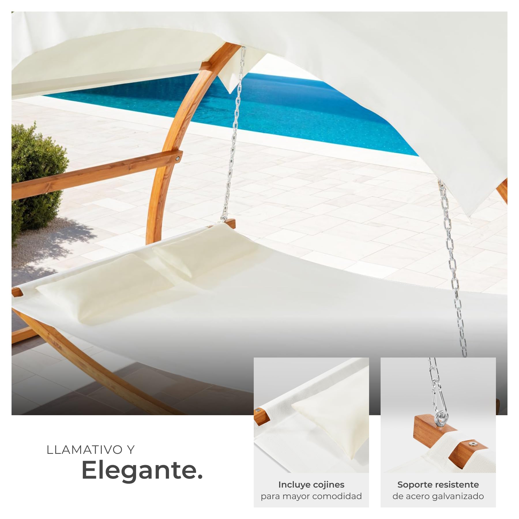 tectake® Hamaca Colgante para 2 Personas, Estructura de Madera Resistente con Techo, 2 Cojines Incluidos, Ideal para Jardín Terraza o Camping, 250 kg de Carga - 328 x 160 x 172 cm