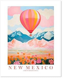 ColorAndFlair New Mexico Travel Print City Souvenir NM Southwest Desert Cactus Balloon Turquoise Pink Orange Wall Art Landscape Poster (12x16 inches)