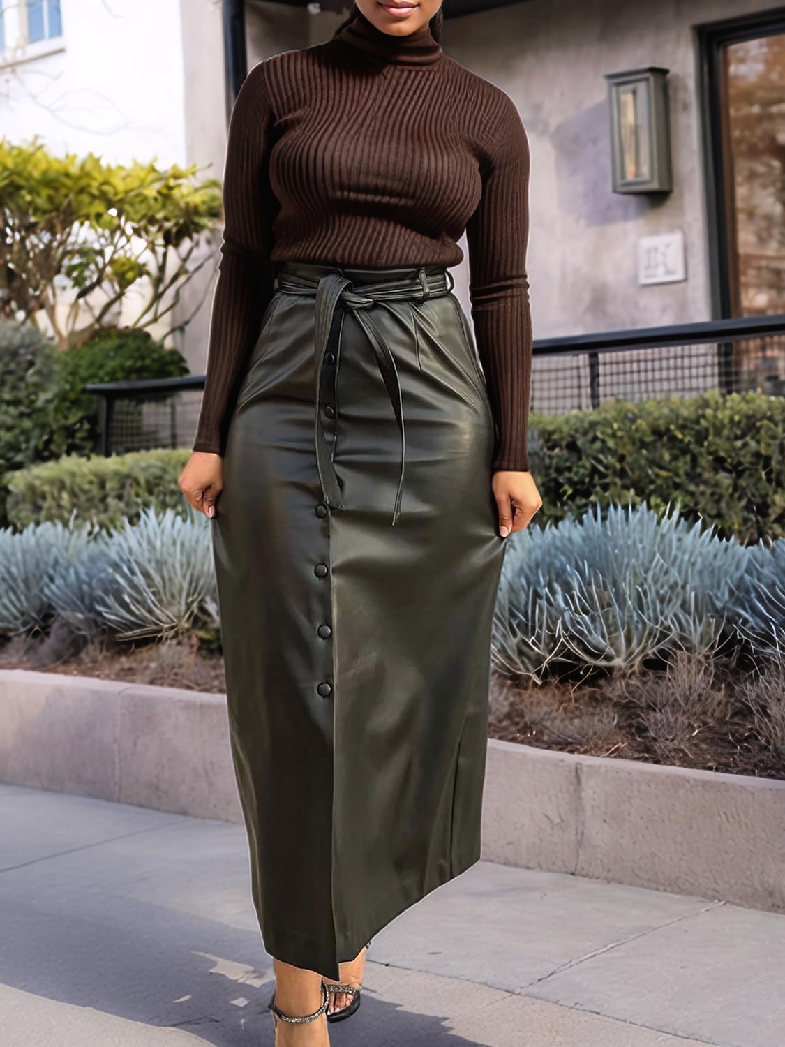 Faux Leather Midi Skirts for Women Stretch High Waist PU Wrap Bodycon Long Skirt with Tie Belt - Image 3