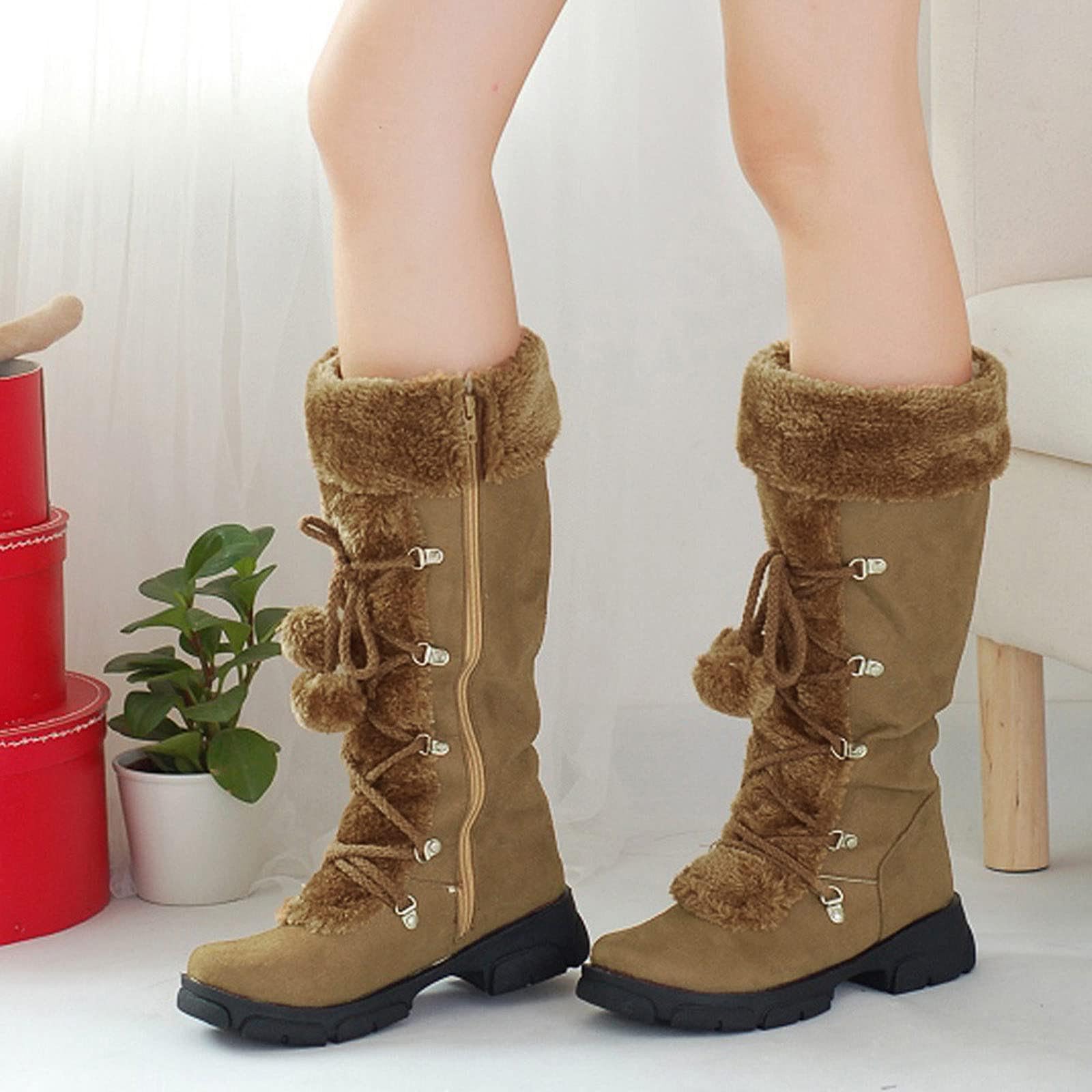 Bottes de neige chaudes et confortables pour femme - Talon bas et épais - Fermeture éclair latérale - Antidérapantes - Doublure en fausse fourrure - Confortables - À lacets - Pour l'extérieur et
